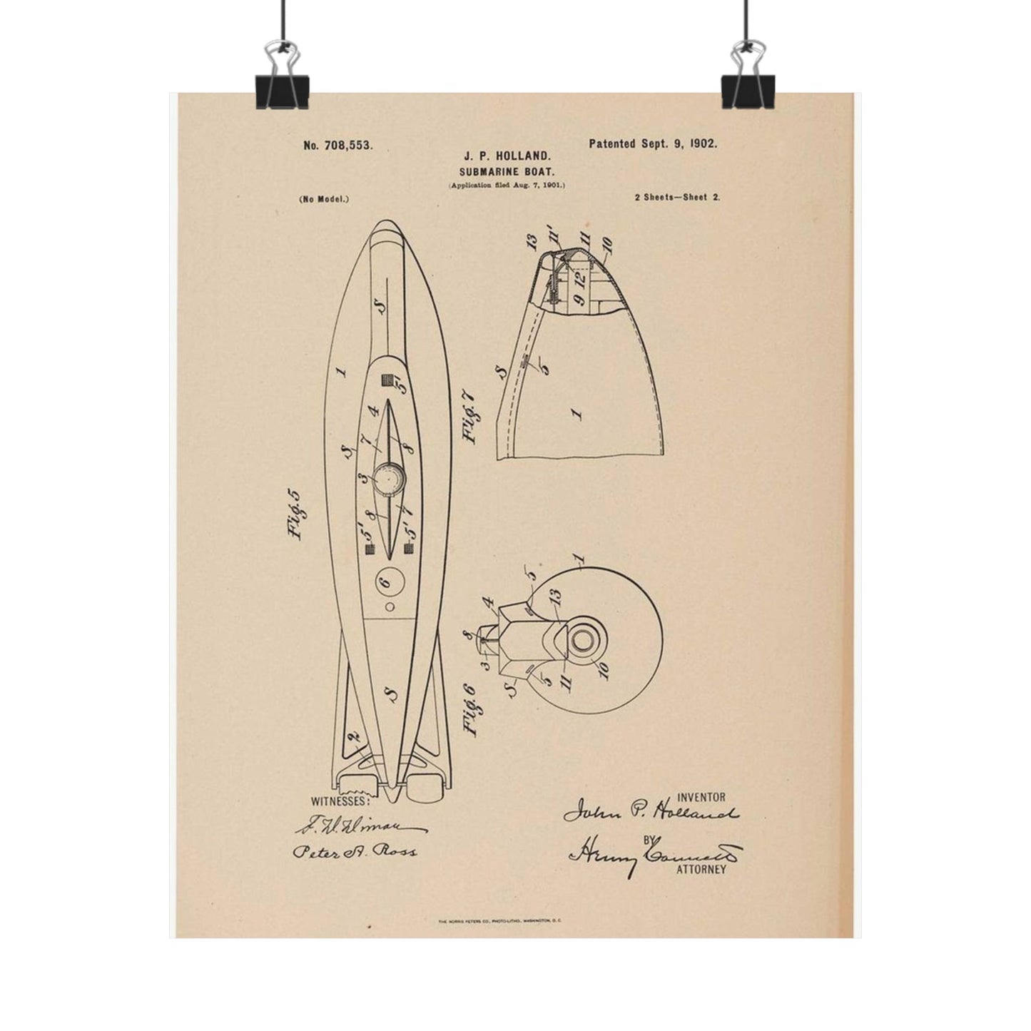 Patent drawing - Drawing for a Submarine Boat Public domain image High Quality Matte Wall Art Poster for Home, Office, Classroom