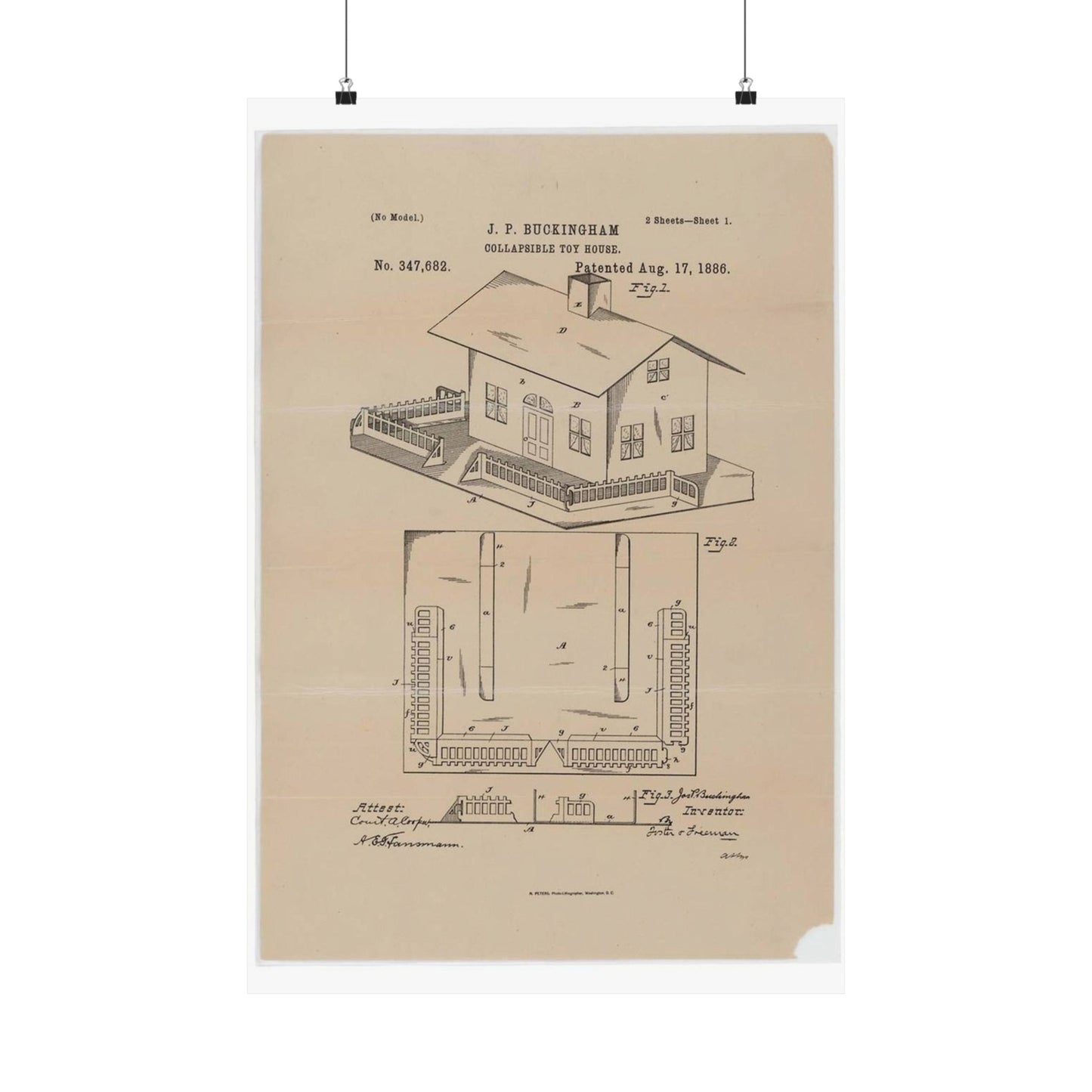 Patent Drawing of Engine - Drawing for a Collapsible Toy House Public domain image High Quality Matte Wall Art Poster for Home, Office, Classroom