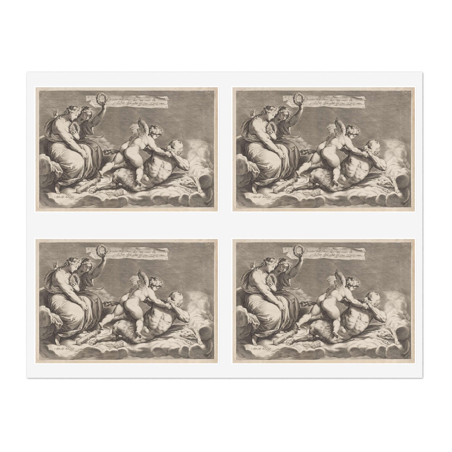 Cupid wrestling with Pan, amongst the clouds, with two allegorical women seated at left Laminated UV Protective Vinyl Stickers