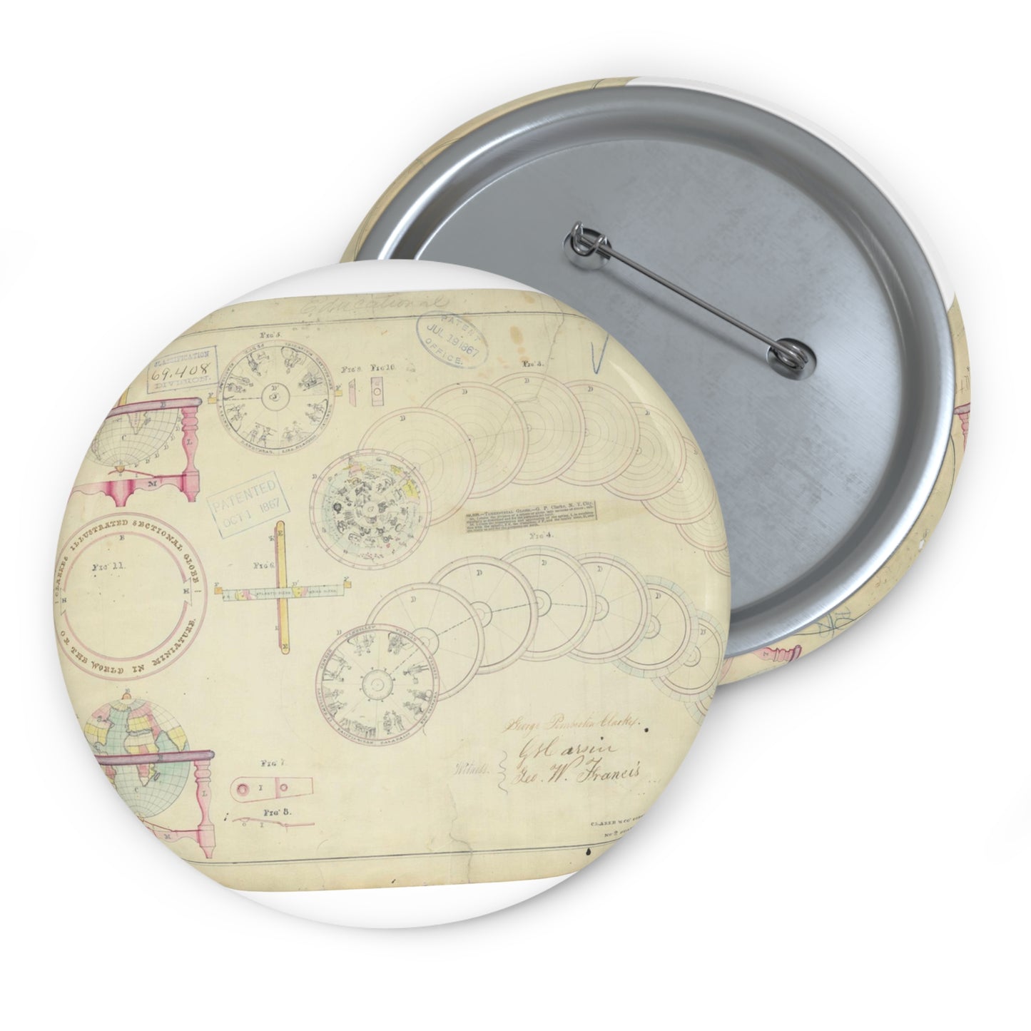 Patent drawing - Drawing of a Terrestrial Globe Public domain image Pin Buttons with Crisp Design