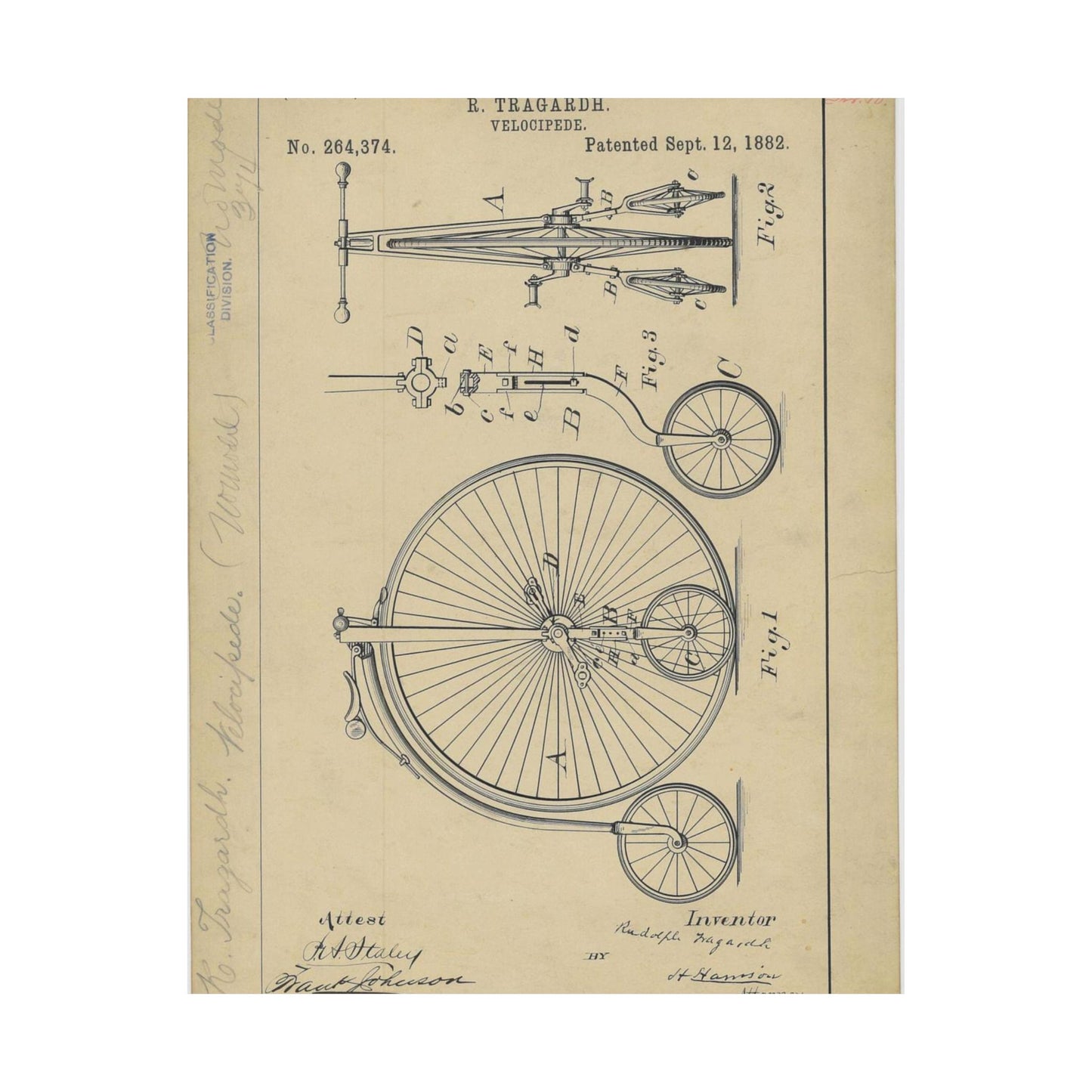 Patent drawing - Drawing of a Velocipede Public domain image High Quality Matte Wall Art Poster for Home, Office, Classroom
