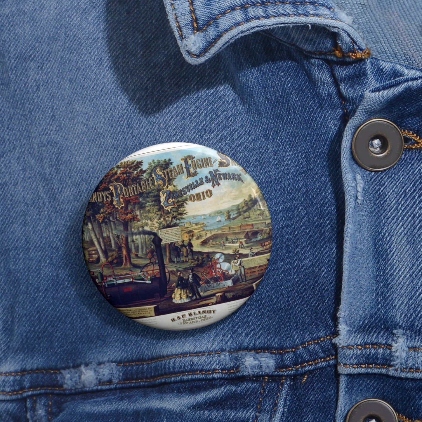 Blandy's portable steam engine and saw mills, Zanesville & Newark Ohio Pin Buttons with Crisp Design