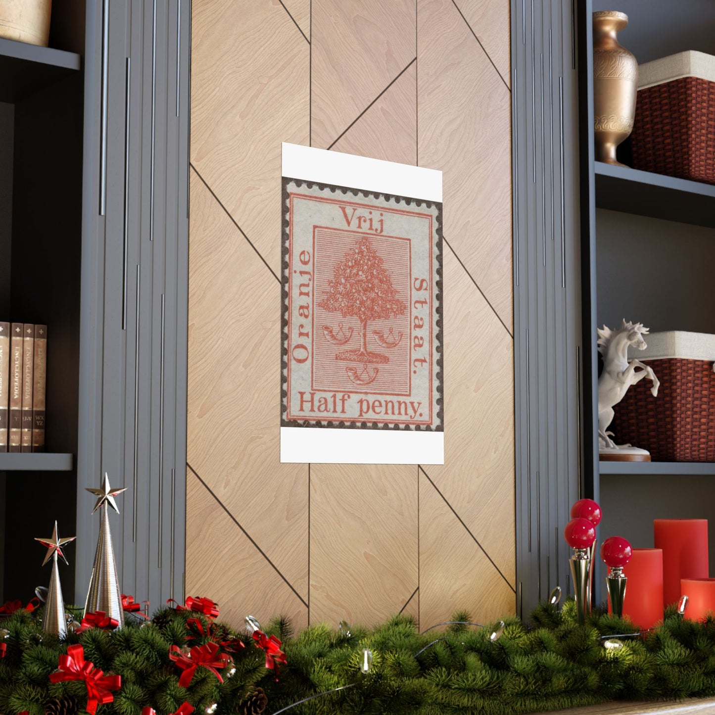 Frimärke ur Gösta Bodmans filatelistiska motivsamling, påbörjad 1950.Frimärke från Oranje -Fristaten. Motiv av apelsinträd med frukter och posthorn. High Quality Matte Wall Art Poster for Home, Office, Classroom