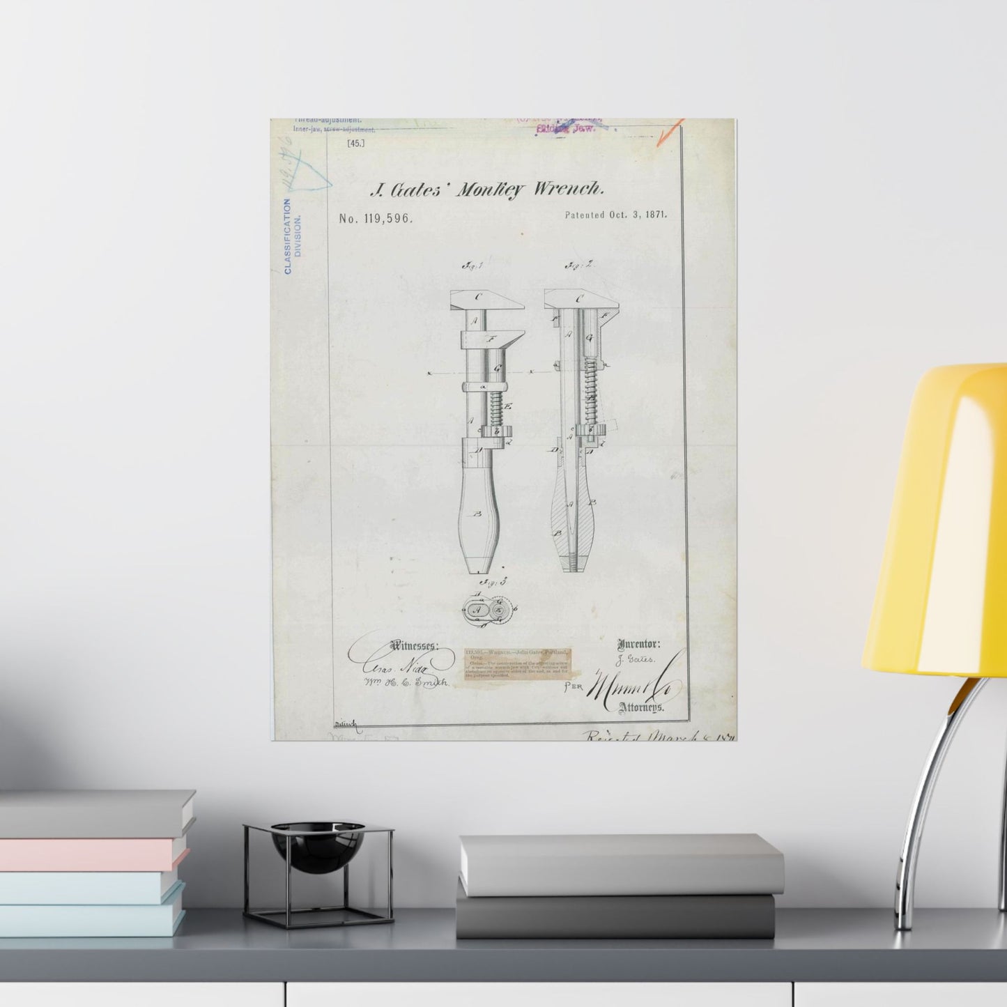 Patent Drawing of Engine - for J. Gates' Monkey Wrench Public domain image High Quality Matte Wall Art Poster for Home, Office, Classroom