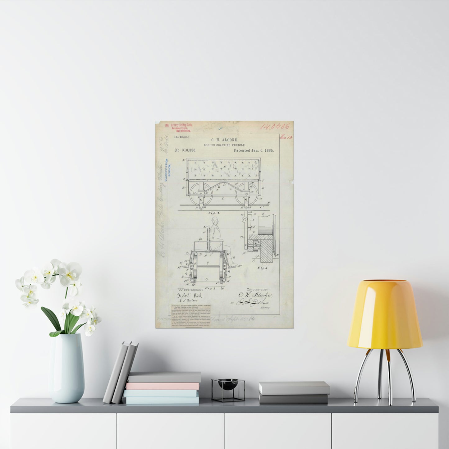 Patent Drawing of Engine - for C. H. Alcoke's Roller Coasting Vehicle Public domain image High Quality Matte Wall Art Poster for Home, Office, Classroom
