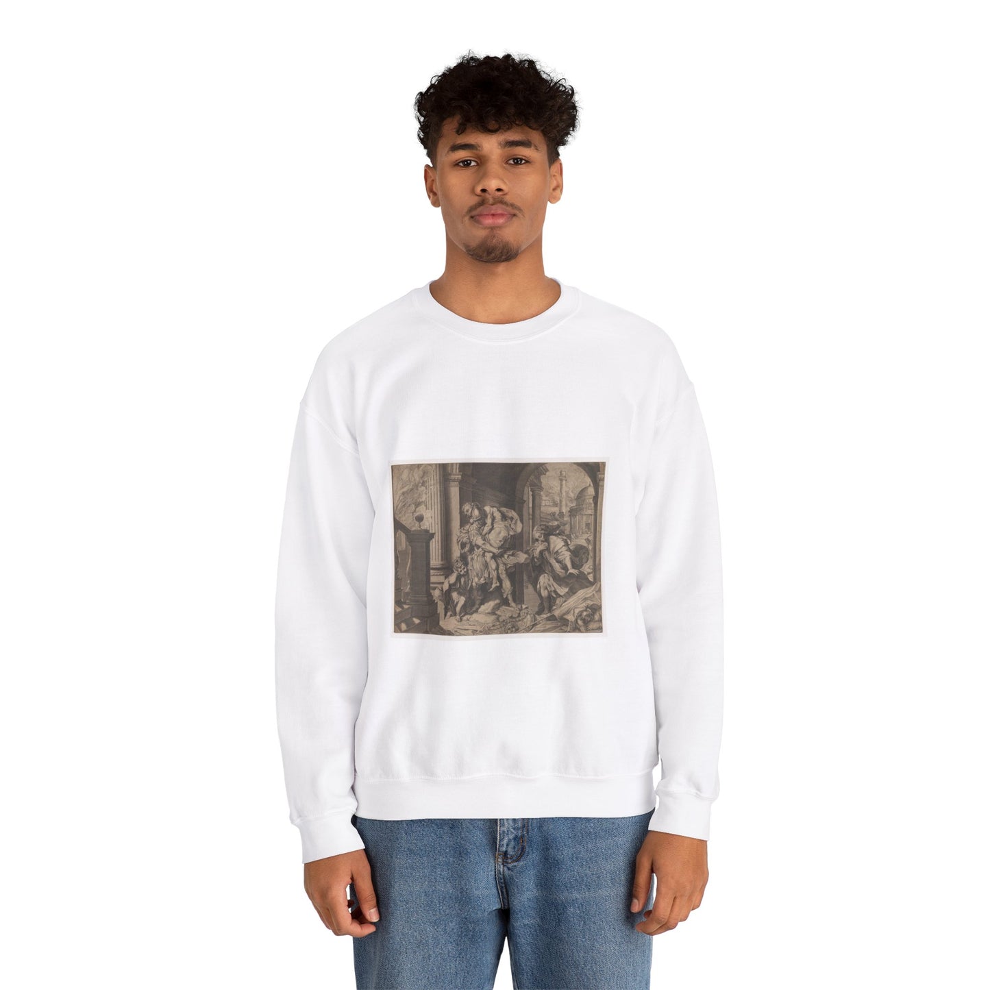 Agostino Carracci - Aeneas and his family fleeing Troy White Heavy Blend Adult Crew Neck SweatShirt