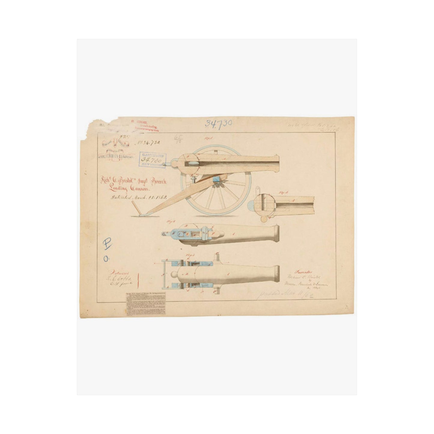 Patent drawing - Drawing of Improved Breech Loading Cannon Public domain image High Quality Matte Wall Art Poster for Home, Office, Classroom