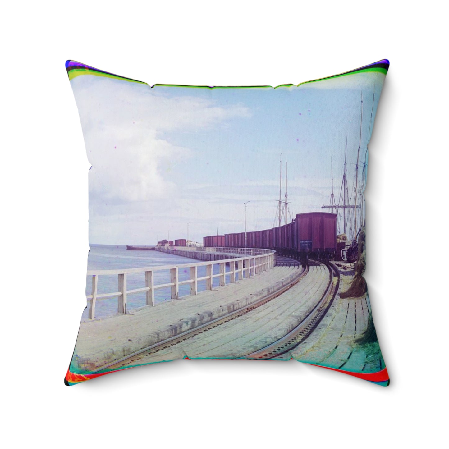 Sorochya Bay. Railroad dam in the Soroka inlet. Arkhangelsk Province, Russia. Decorative Accent Square Pillow