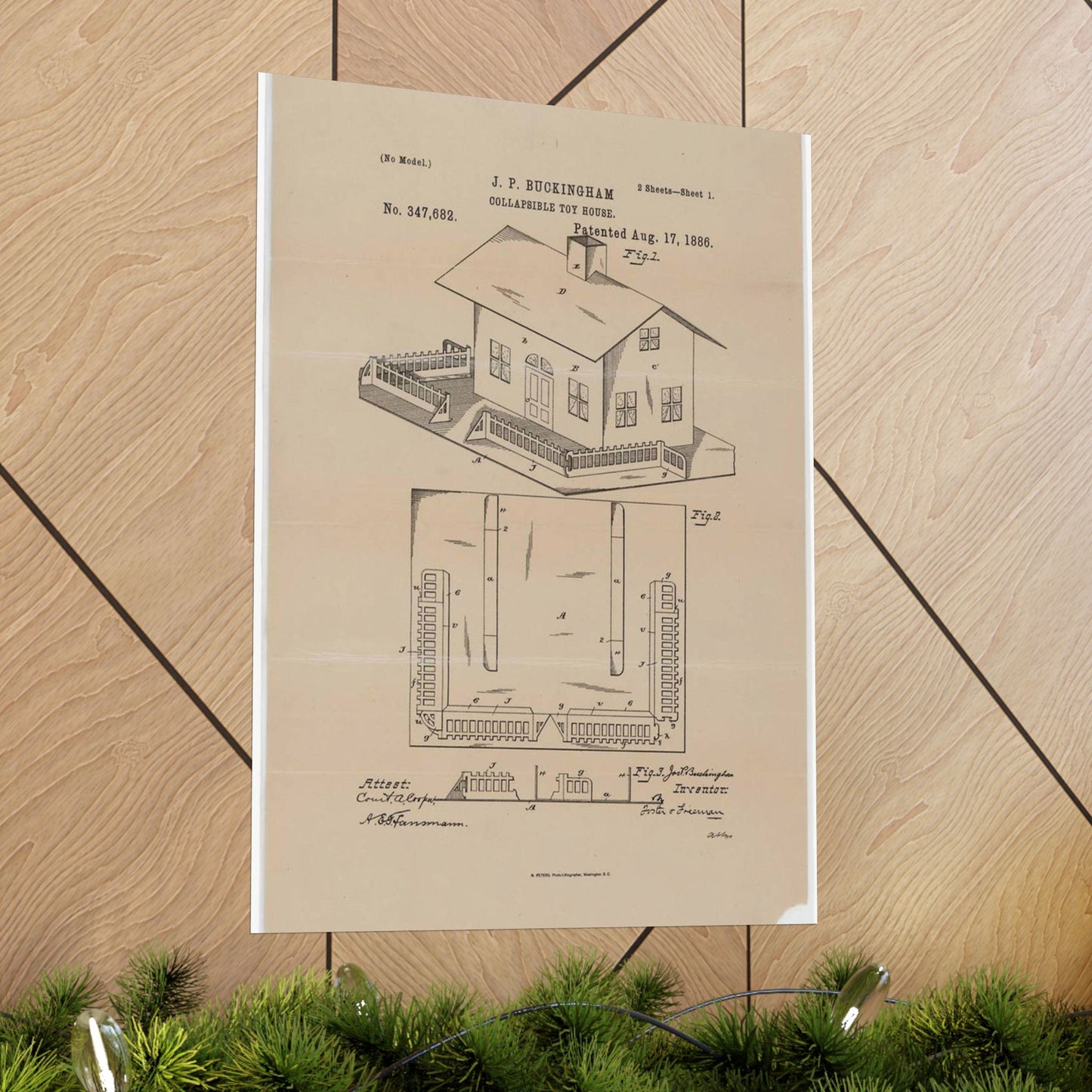 Patent Drawing of Engine - Drawing for a Collapsible Toy House Public domain image High Quality Matte Wall Art Poster for Home, Office, Classroom