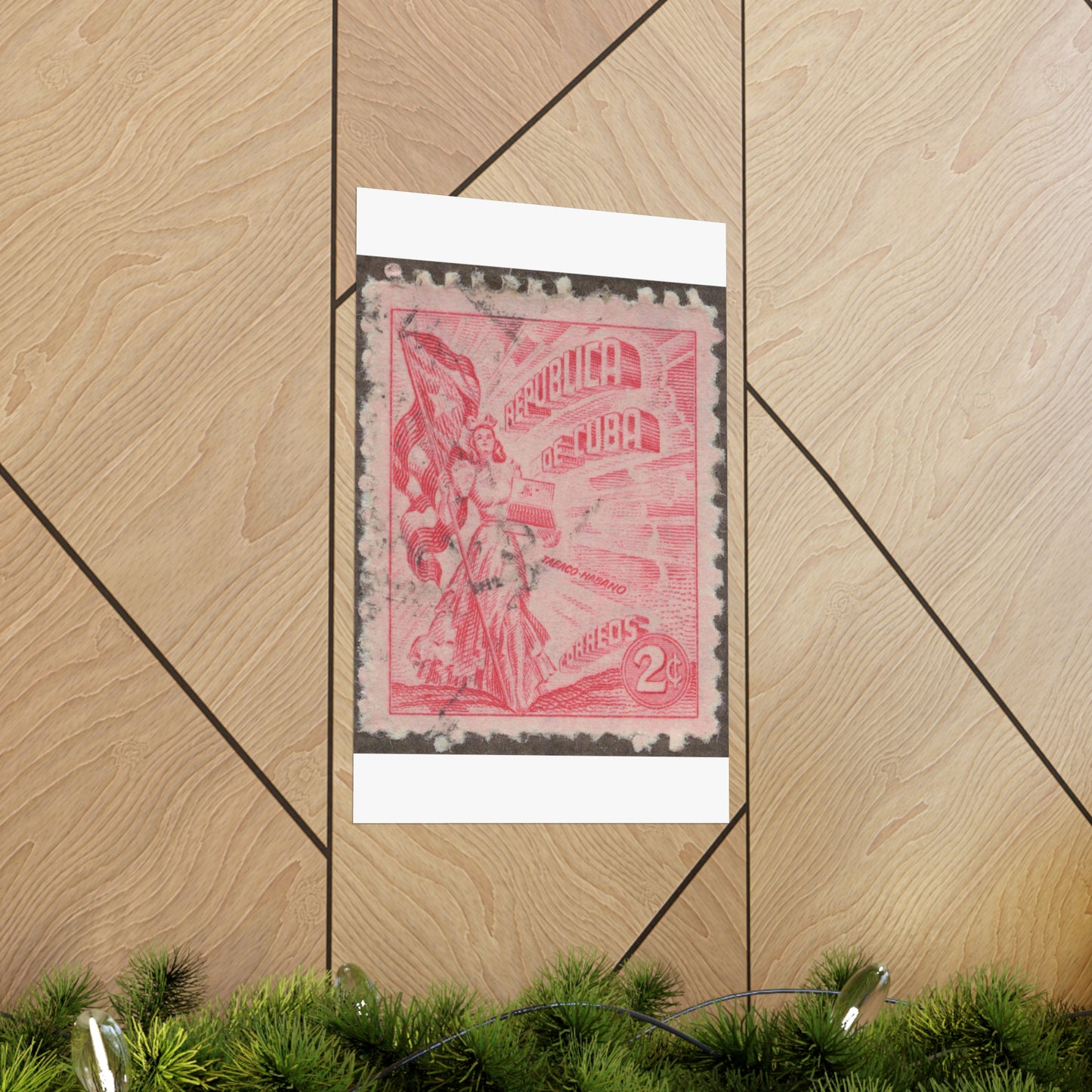 Frimärke ur Gösta Bodmans filatelistiska motivsamling, påbörjad 1950.Frimärke från Cuba, 1948. Motiv av kvinnosymbol för friheten med cigrarrlåda och flagga. High Quality Matte Wall Art Poster for Home, Office, Classroom