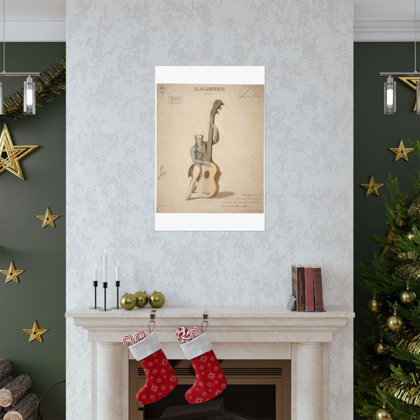 Patent drawing - Drawing of a Harp Guitar Public domain image High Quality Matte Wall Art Poster for Home, Office, Classroom
