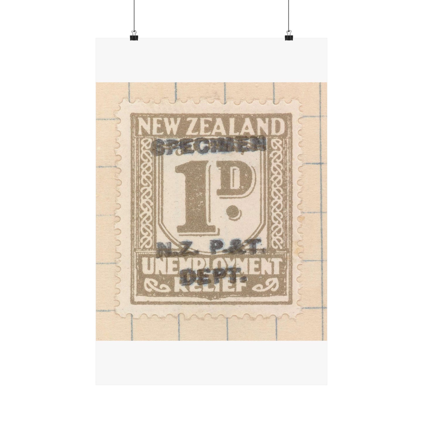 One penny Unemployment Relief stamp overprinted 'Specimen' High Quality Matte Wall Art Poster for Home, Office, Classroom