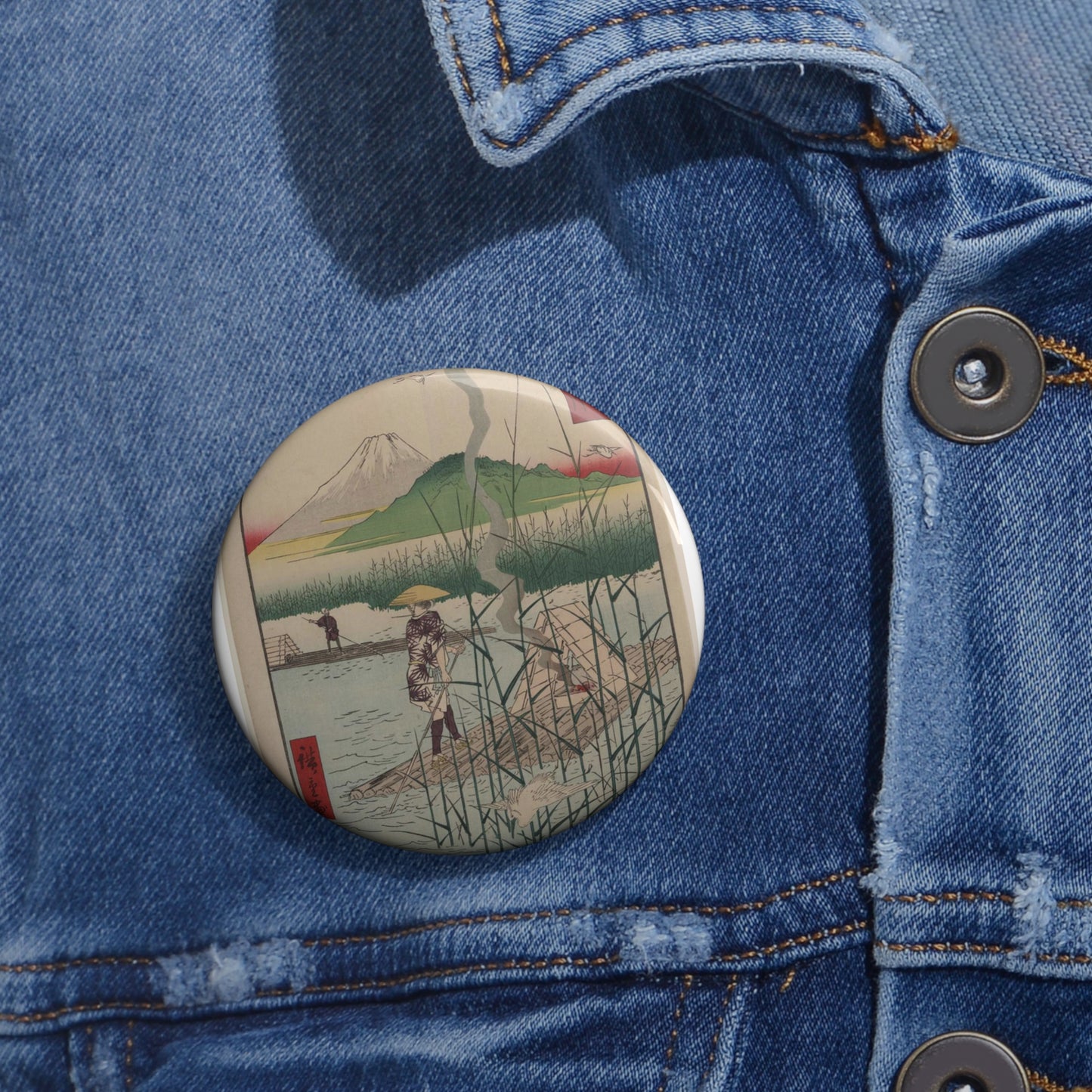 18 - The Sagami River - A painting of a man standing on a boat in a body of water Pin Buttons with Crisp Design