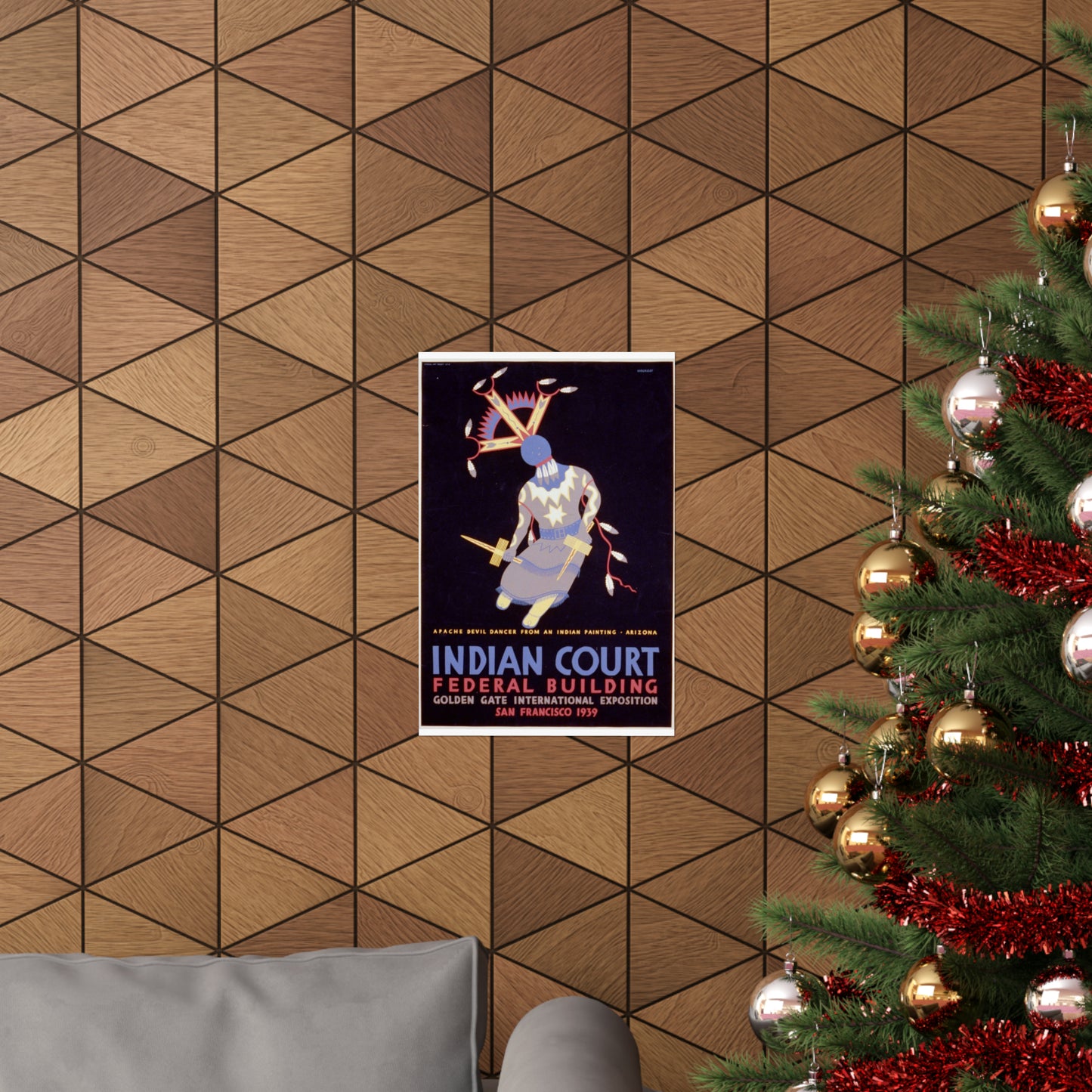 Indian court, Federal Building, Golden Gate International Exposition, San Francisco, 1939 Apache devil dancer from an Indian painting, Arizona / / Siegriest. High Quality Matte Wall Art Poster for Home, Office, Classroom