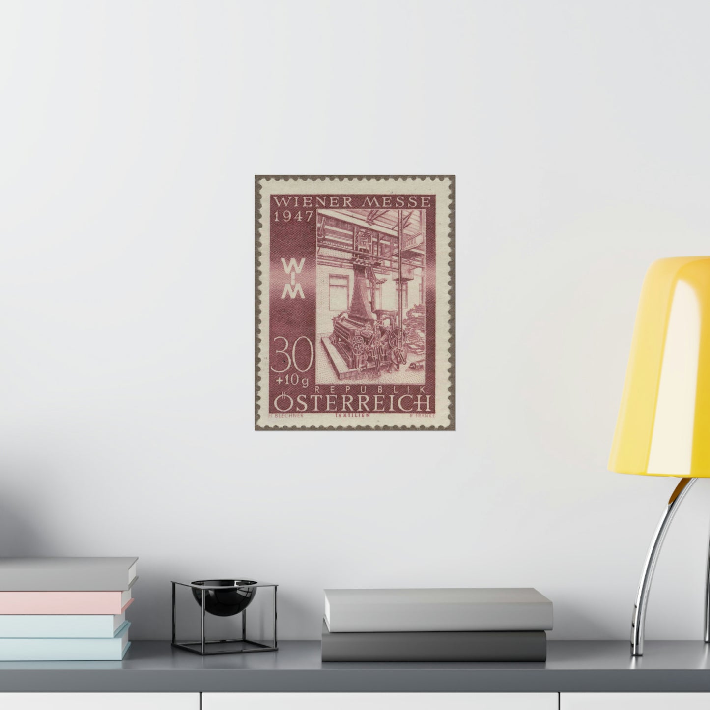 Frimärke ur Gösta Bodmans filatelistiska motivsamling, påbörjad 1950.Frimärke från Österrike, 1947. Motiv av jacquardvävstol i Österrike 1947. "Wienermässan 1947" High Quality Matte Wall Art Poster for Home, Office, Classroom