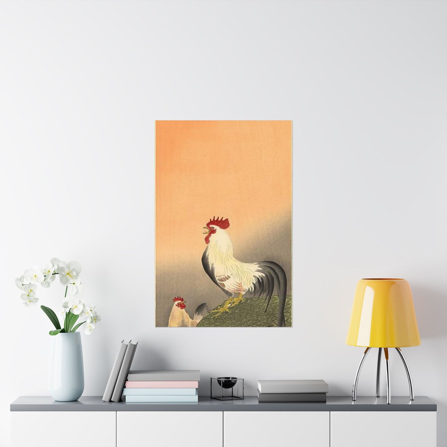 Koson - rooster-and-hen-at-sunrise, Ohara Koson High Quality Matte Wall Art Poster for Home, Office, Classroom