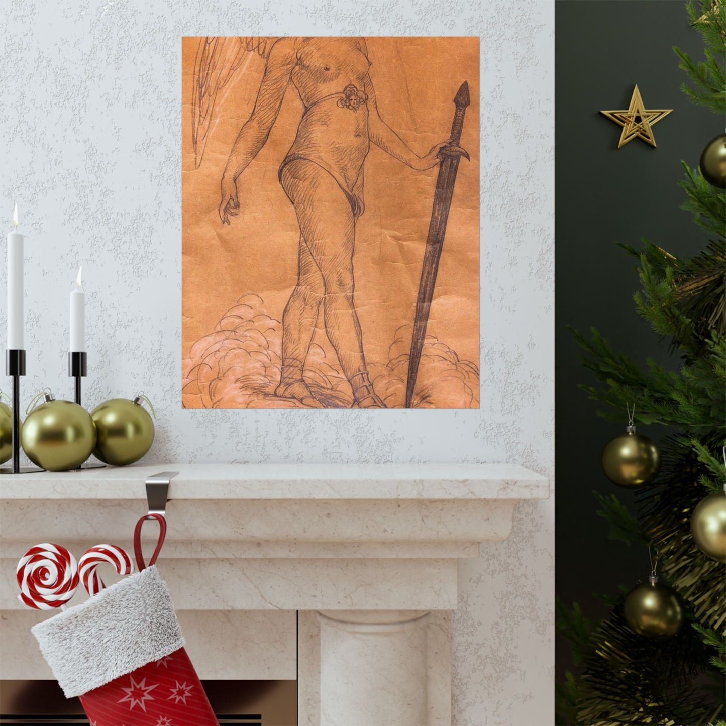 A drawing of an angel holding a sword. Woman breasts sword, beauty fashion. High Quality Matte Wall Art Poster for Home, Office, Classroom