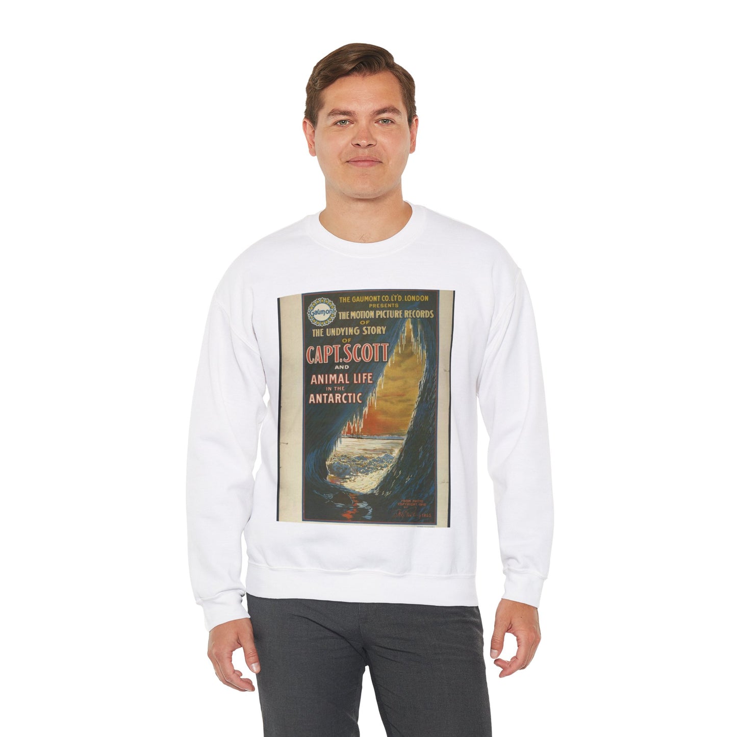 The Gaumont Co. L'T'D. London presents the motion picture records of the undying story of Capt. Scott and animal life in the Antarctic / The Morgan Lith. Co., Cleveland, O. White Heavy Blend Adult Crew Neck SweatShirt