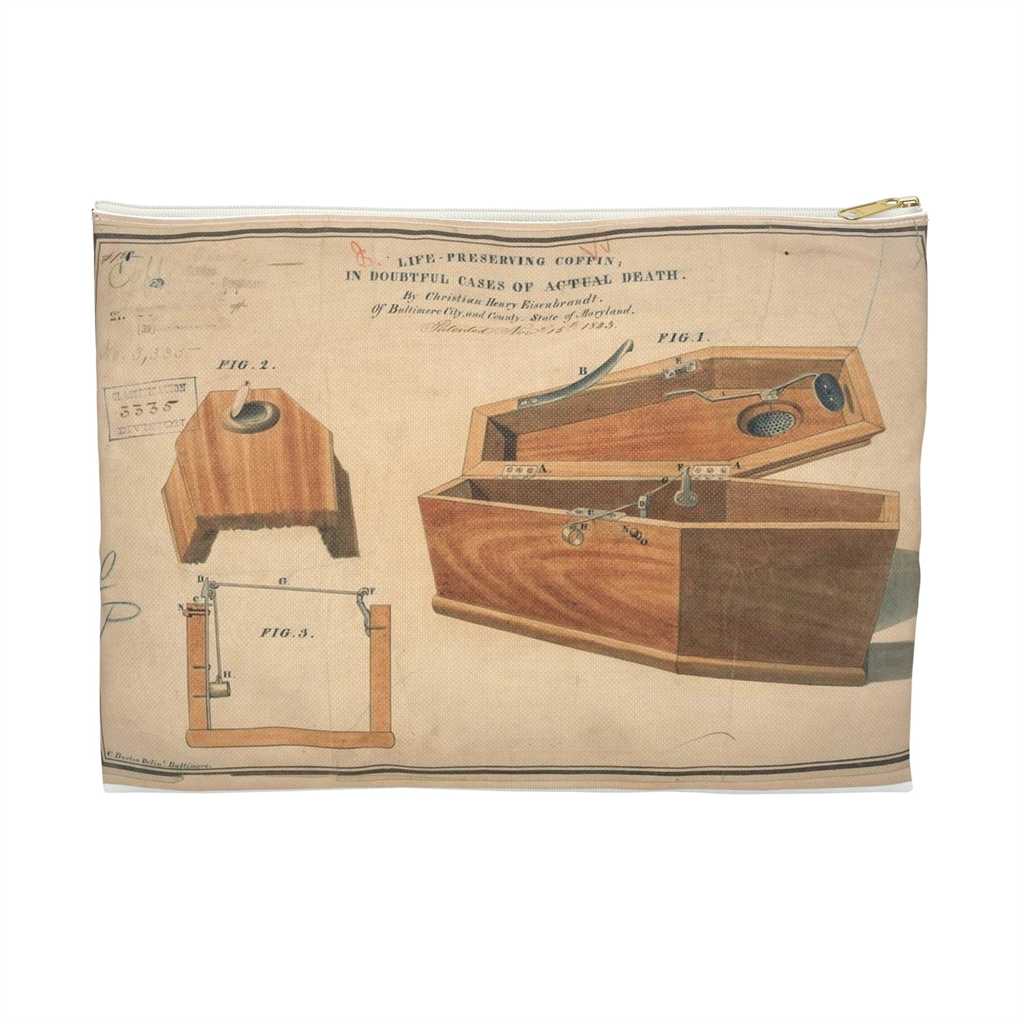 Patent drawing - Drawing for a Life - Preserving Coffin Public domain image Large Organizer Pouch with Black Zipper