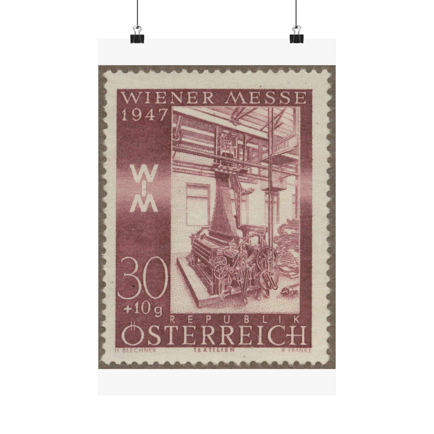 Frimärke ur Gösta Bodmans filatelistiska motivsamling, påbörjad 1950.Frimärke från Österrike, 1947. Motiv av jacquardvävstol i Österrike 1947. "Wienermässan 1947" High Quality Matte Wall Art Poster for Home, Office, Classroom