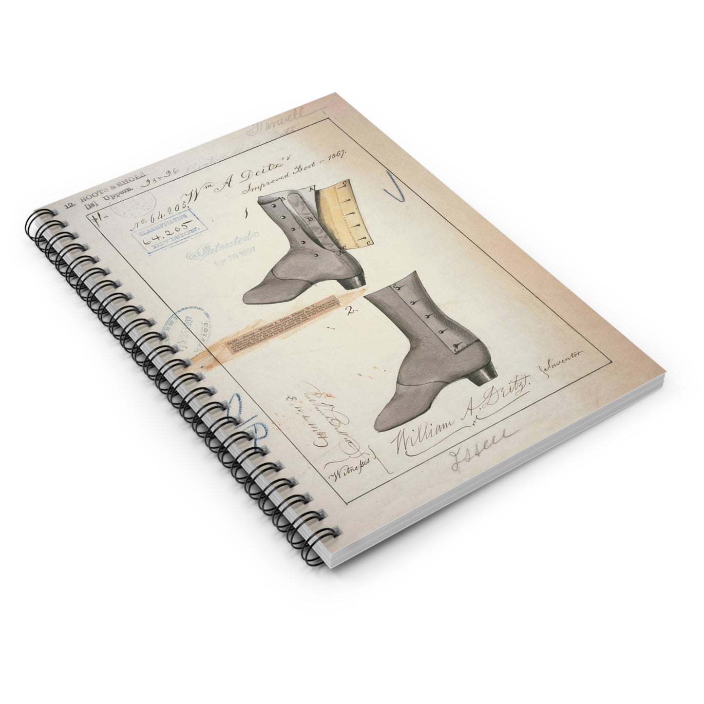 Patent drawing - Drawing of Improved Boot Public domain image Spiral Bound Ruled Notebook with Printed Cover