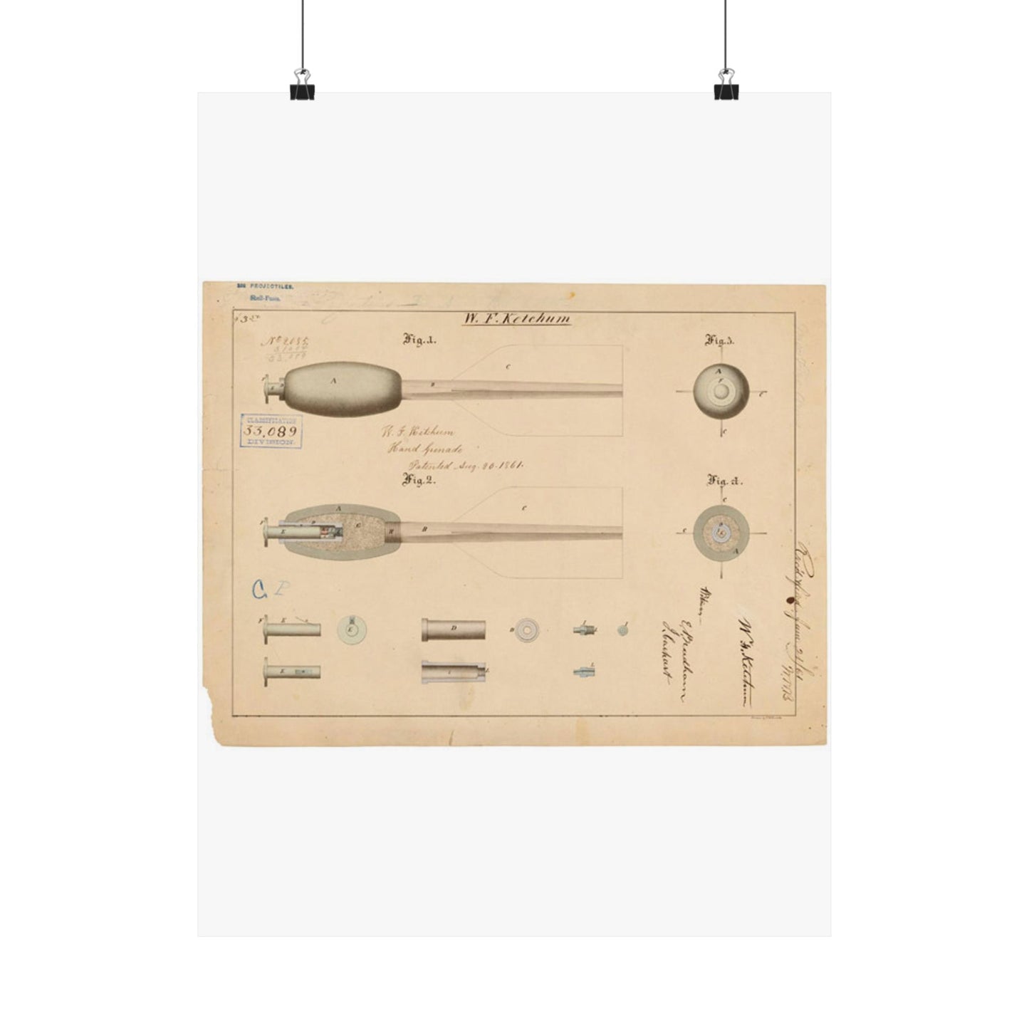 Patent Drawing of Engine - Drawing of Hand Grenade Public domain image High Quality Matte Wall Art Poster for Home, Office, Classroom