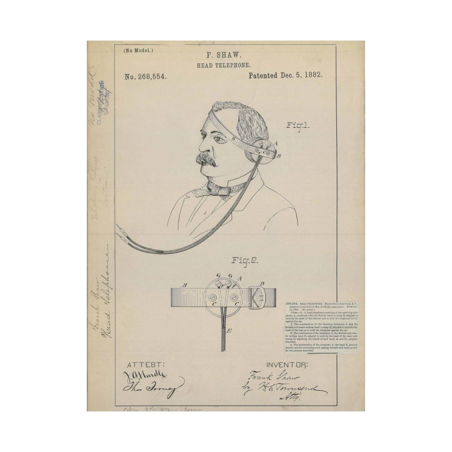 Patent drawing - for F. Shaw's Head Telephone Public domain image High Quality Matte Wall Art Poster for Home, Office, Classroom