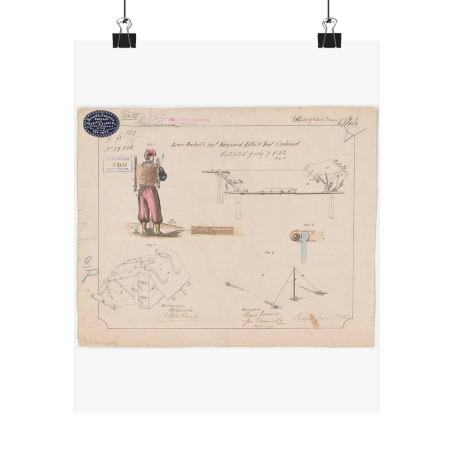 Patent drawing - Drawing of Improved Knapsack, Litter and Tent Combined Public domain image High Quality Matte Wall Art Poster for Home, Office, Classroom