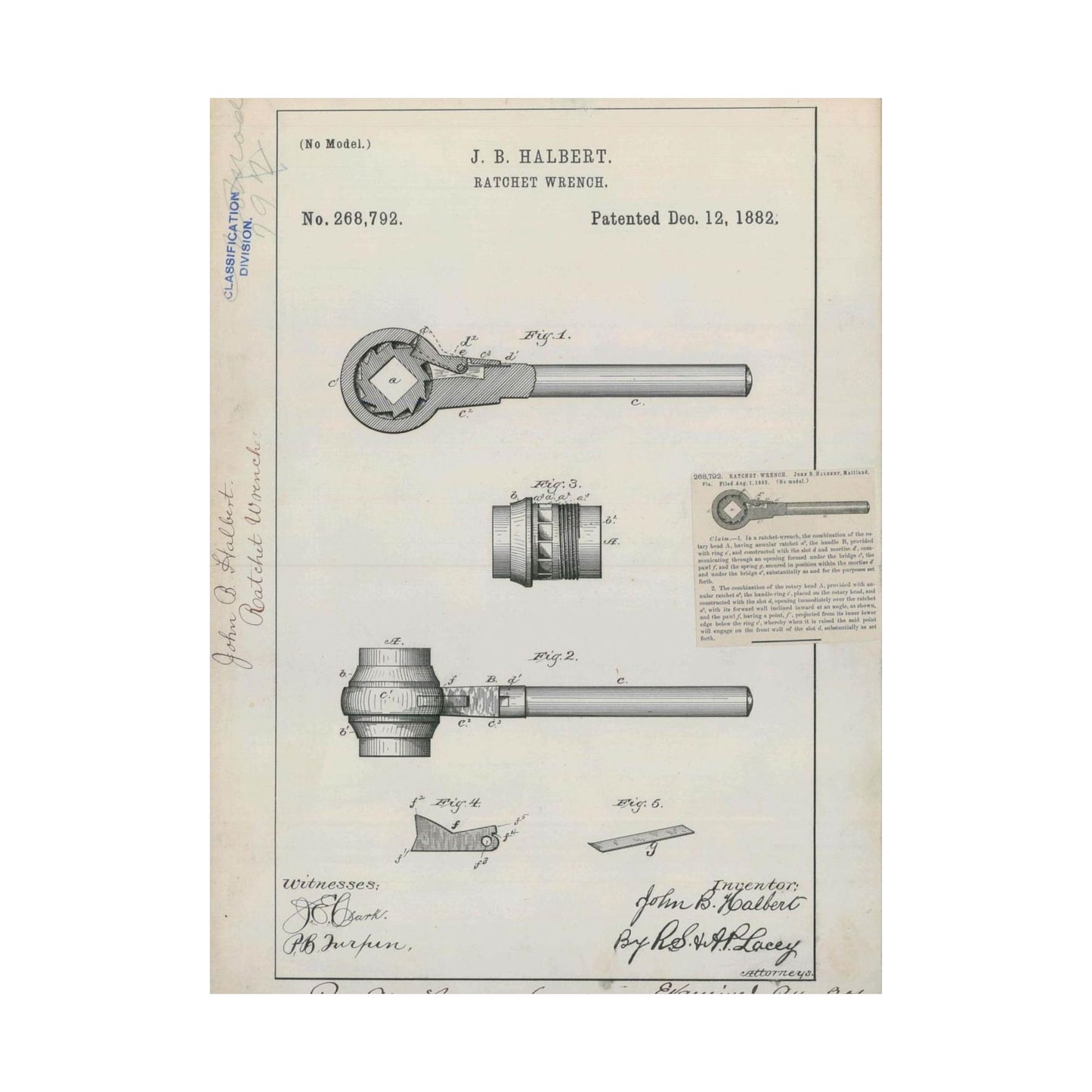 Patent Drawing of Engine - for J. B. Halbert's Ratchet Wrench Public domain image High Quality Matte Wall Art Poster for Home, Office, Classroom