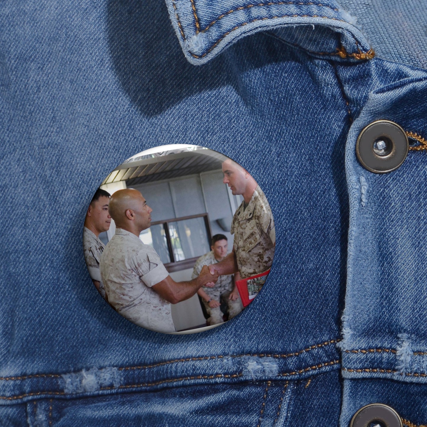 First Sgt. Miguel A. Betancourt III (second from left), Pin Buttons with Crisp Design