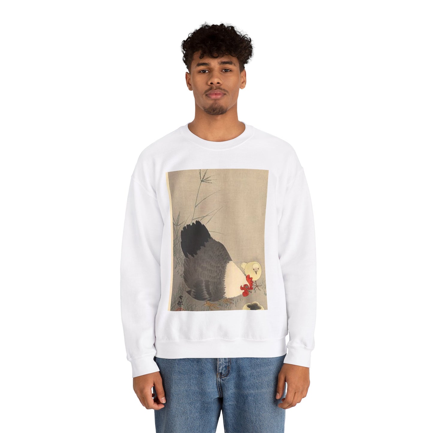 Koson - hen-and-two-chicks-in-grass, Ohara Koson White Heavy Blend Adult Crew Neck SweatShirt