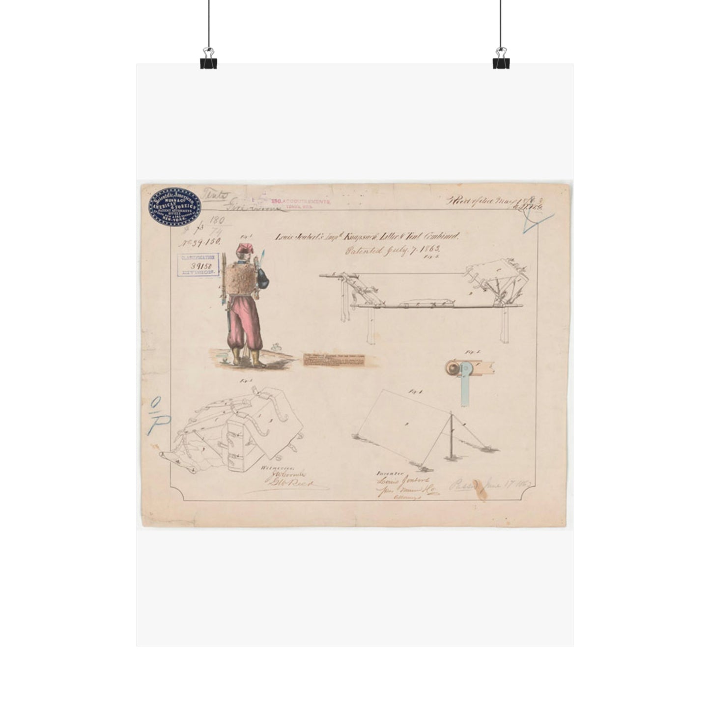 Patent drawing - Drawing of Improved Knapsack, Litter and Tent Combined Public domain image High Quality Matte Wall Art Poster for Home, Office, Classroom