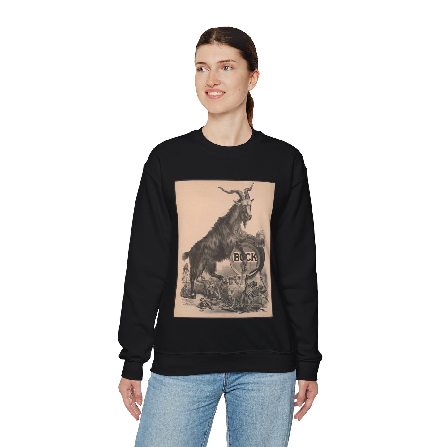 Giant bock goat resting on a keg, holding a mug of beer, men under the goat scrambling Black Heavy Blend Adult Crew Neck SweatShirt