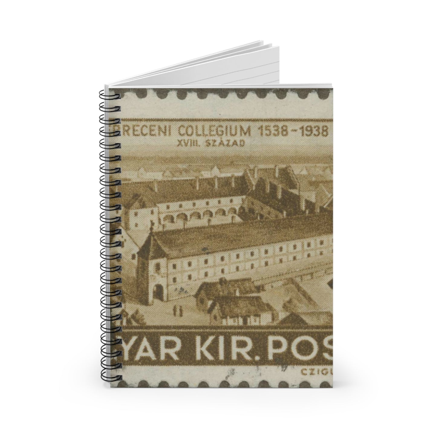 Frimärke ur Gösta Bodmans filatelistiska motivsamling, påbörjad 1950.Frimärke från Ungern, 1938. Motiv av Ungerns Universitet i Debreczen på 1700-talet. "400-årsminne: 1538-1938". Spiral Bound Ruled Notebook with Printed Cover