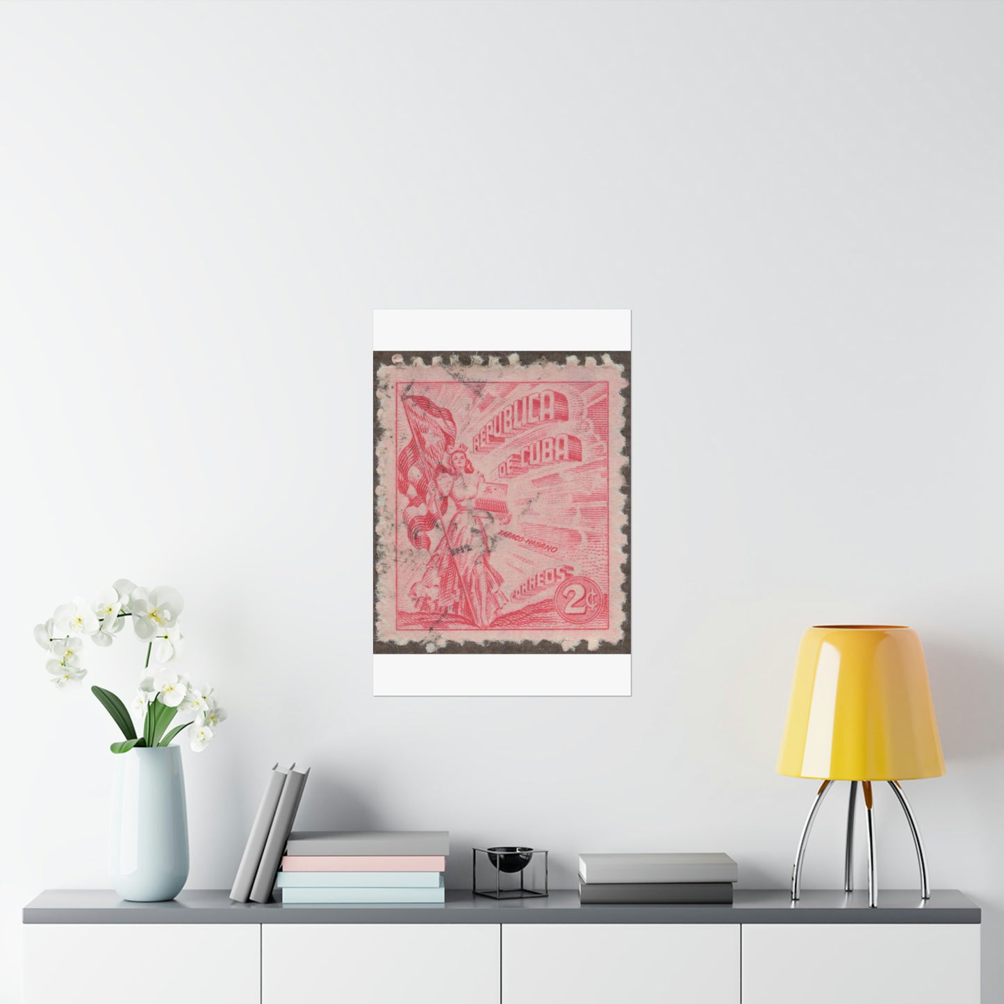 Frimärke ur Gösta Bodmans filatelistiska motivsamling, påbörjad 1950.Frimärke från Cuba, 1948. Motiv av kvinnosymbol för friheten med cigrarrlåda och flagga. High Quality Matte Wall Art Poster for Home, Office, Classroom