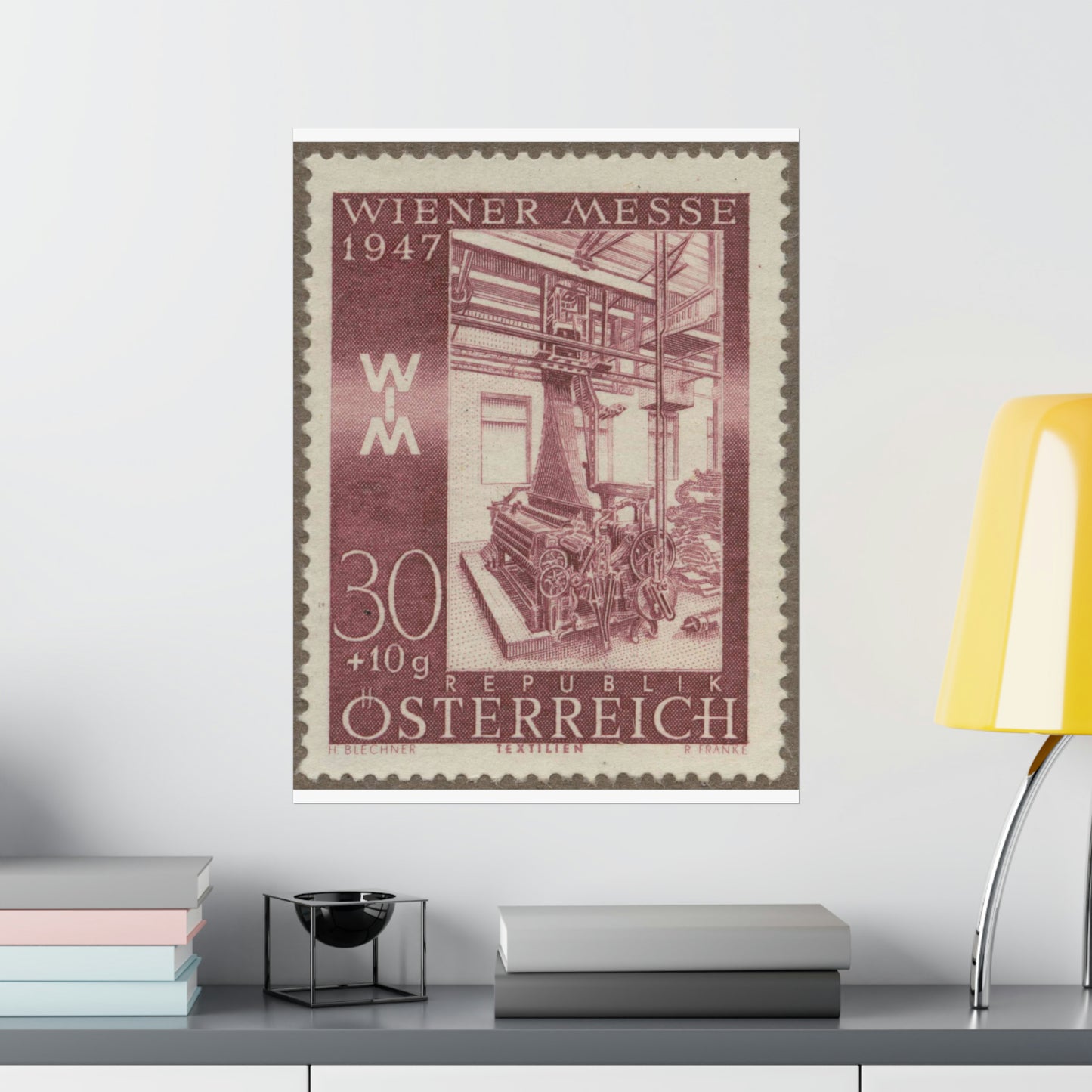 Frimärke ur Gösta Bodmans filatelistiska motivsamling, påbörjad 1950.Frimärke från Österrike, 1947. Motiv av jacquardvävstol i Österrike 1947. "Wienermässan 1947" High Quality Matte Wall Art Poster for Home, Office, Classroom