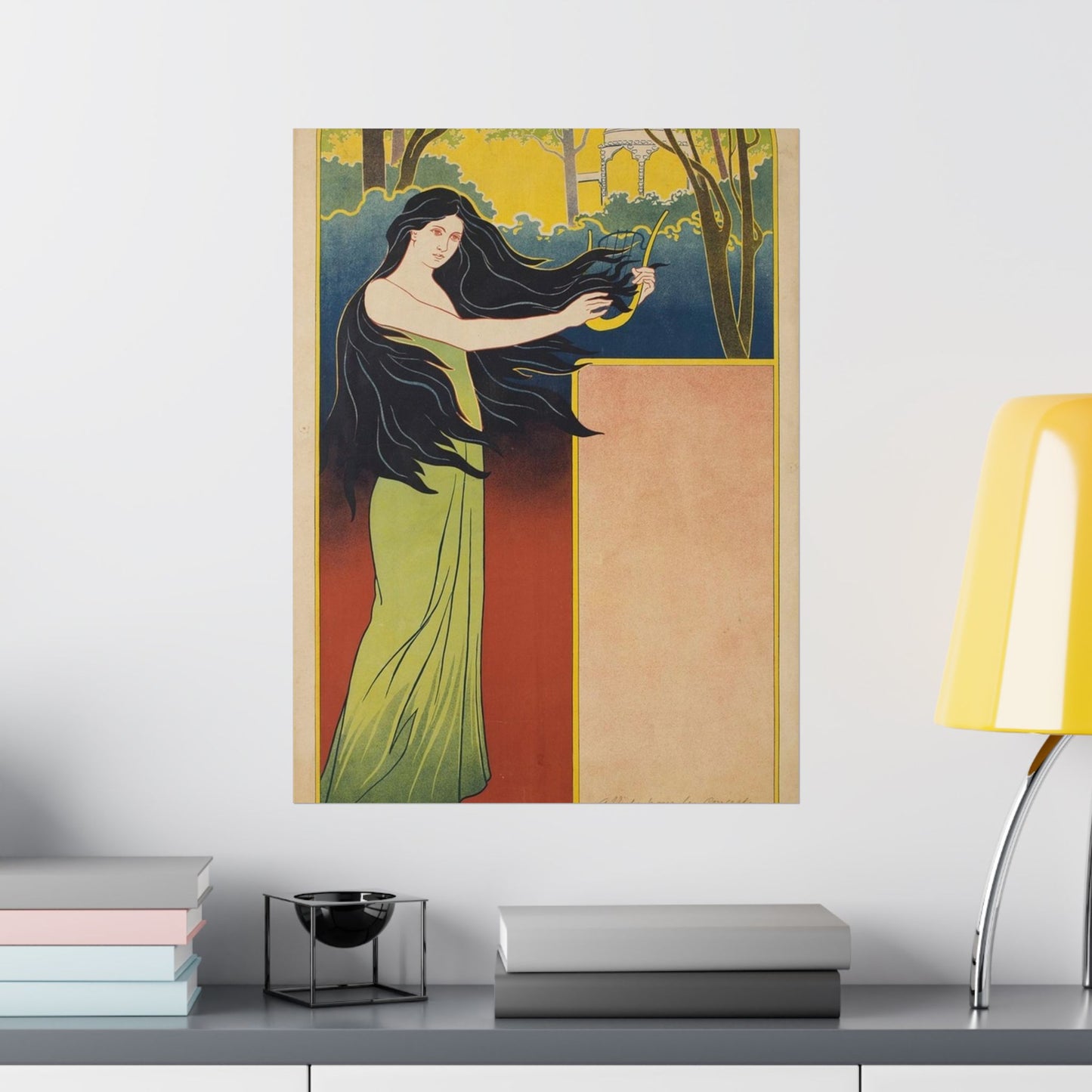A painting of a woman with long black hair. Vintage art deco, beauty fashion. High Quality Matte Wall Art Poster for Home, Office, Classroom