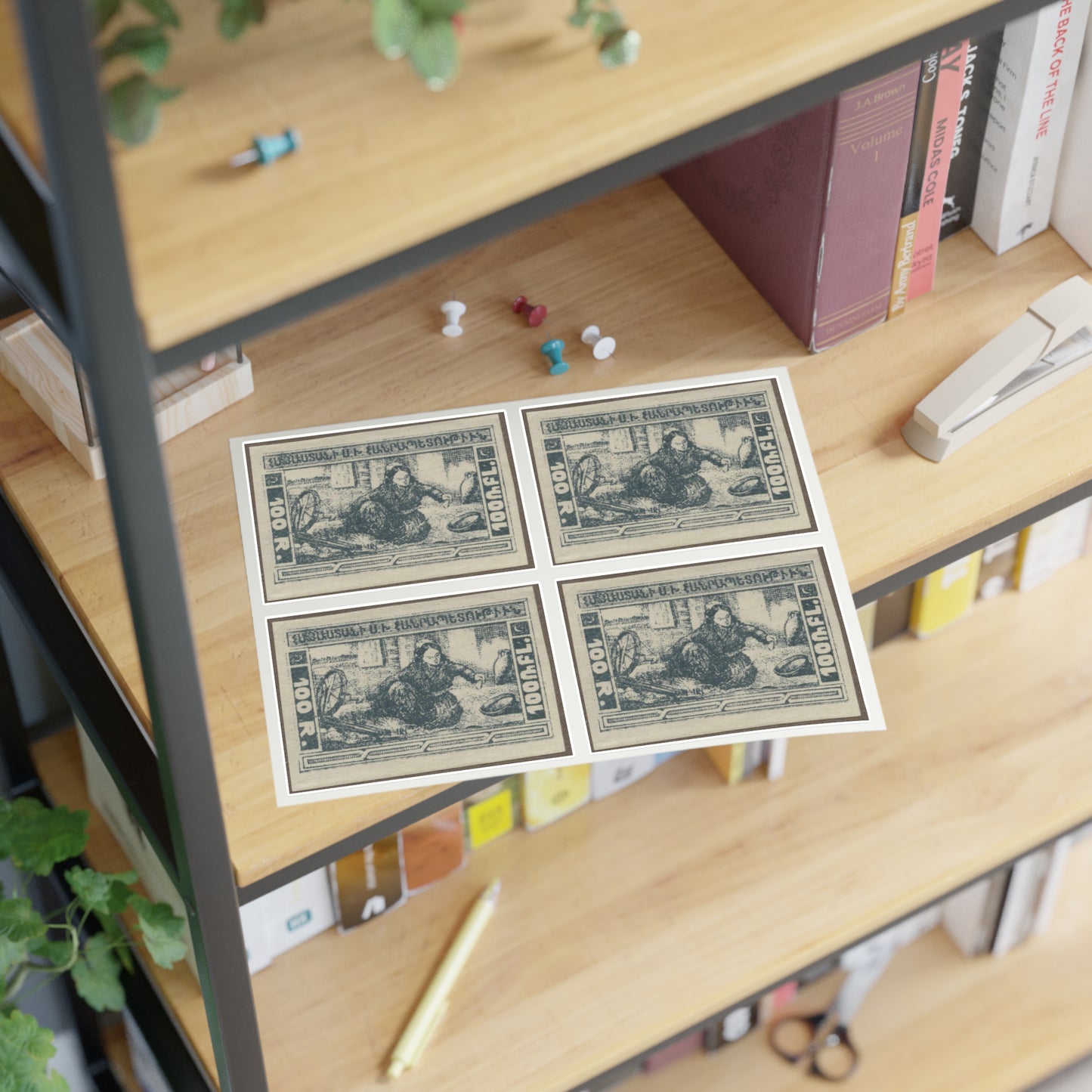 Frimärke ur Gösta Bodmans filatelistiska motivsamling, påbörjad 1950.Frimärke från Armenien, 1922. Motiv av textilarbetare. Kvinna med gammaldags spinnrock. Laminated UV Protective Vinyl Stickers
