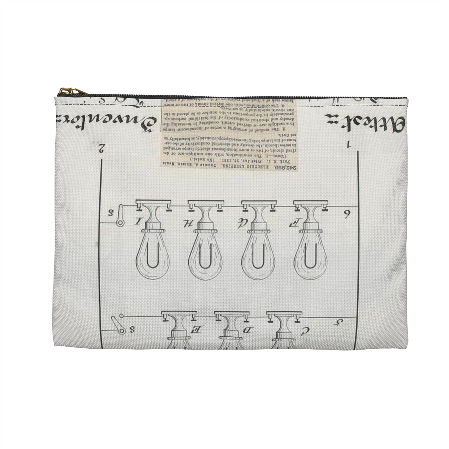 Patent drawing - for T. A. Edison's Electric Lighting Public domain image Large Organizer Pouch with Black Zipper
