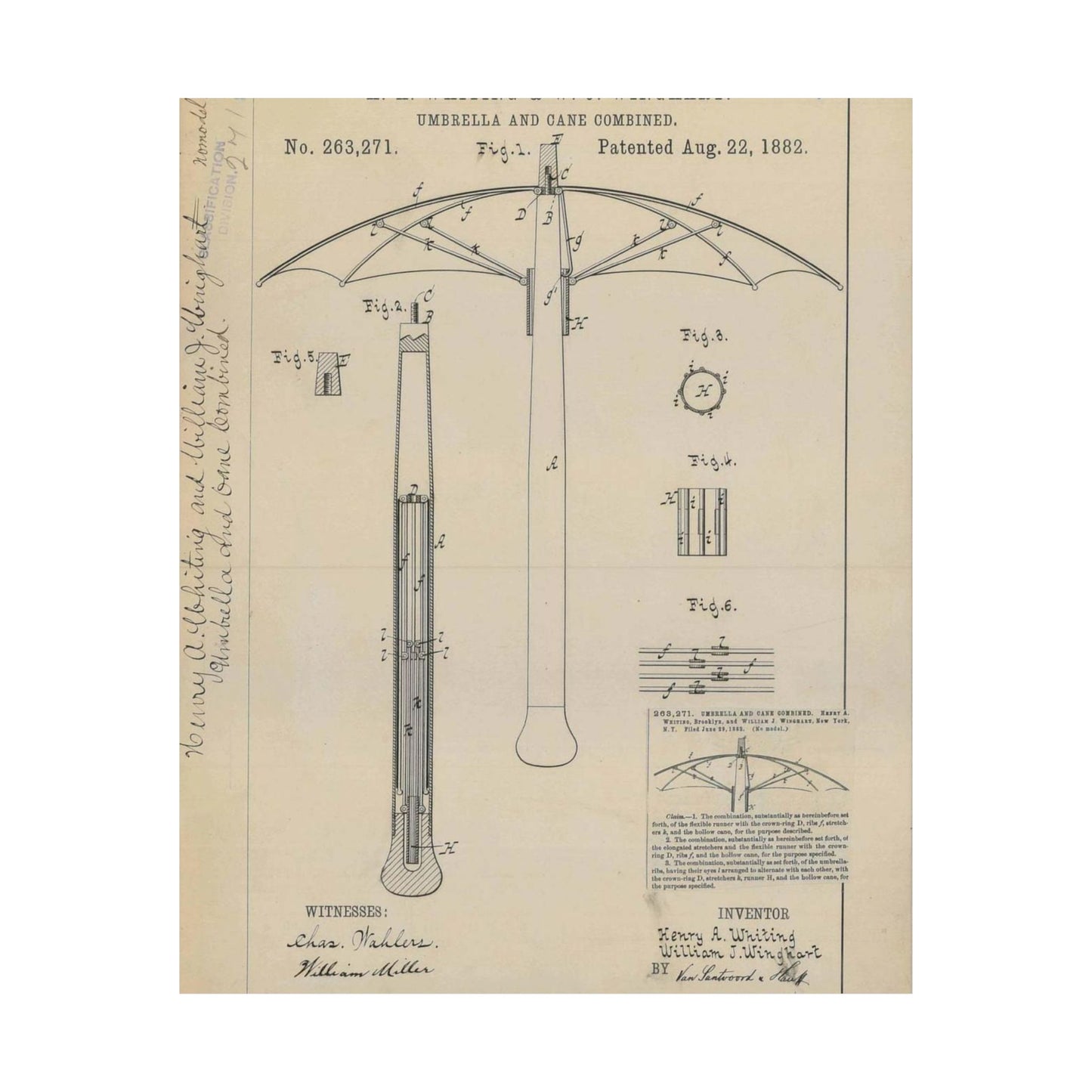 Patent drawing - for H. A. Whiting and W. J. Winghart's Umbrella and Cane Combined Public domain image High Quality Matte Wall Art Poster for Home, Office, Classroom