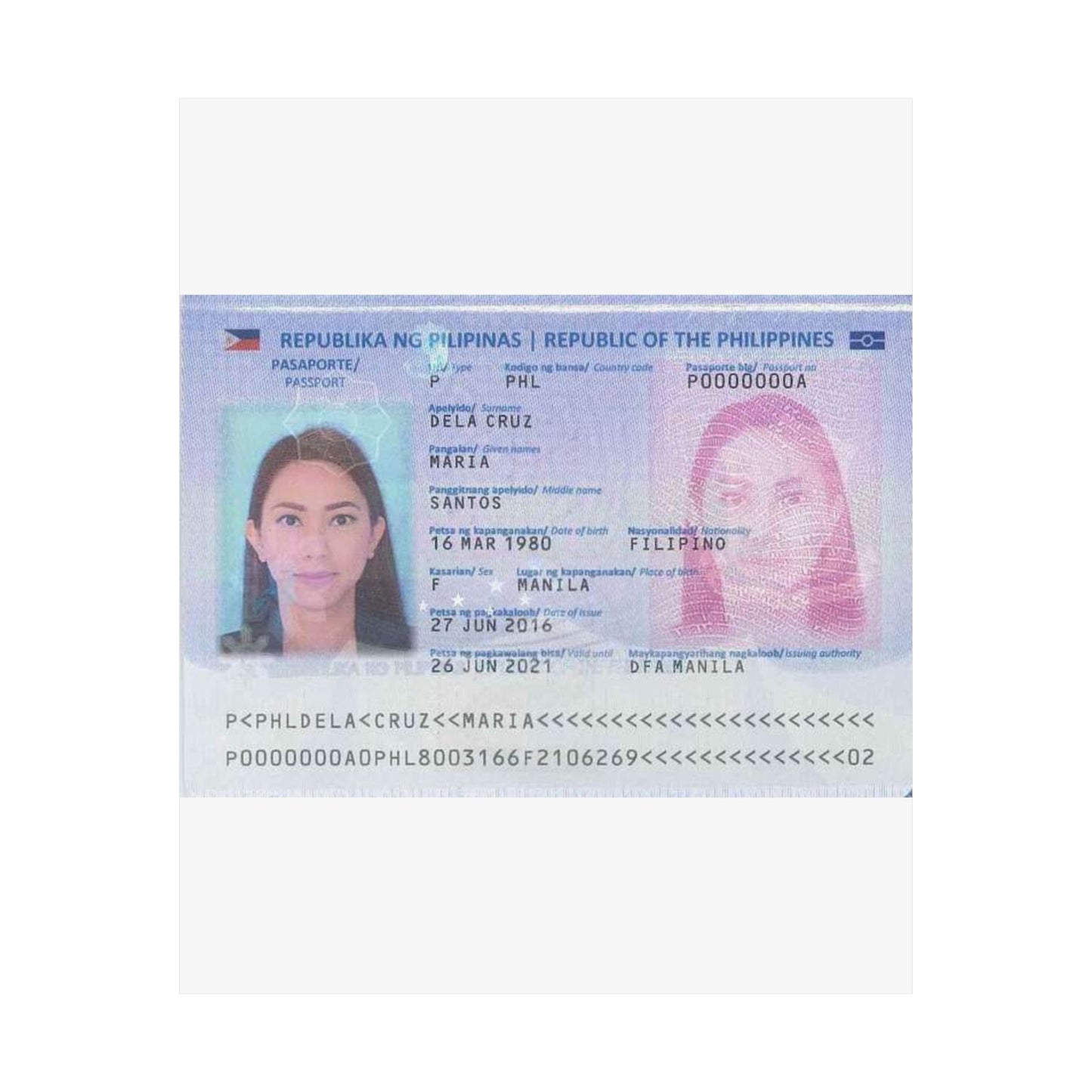 Philippine passport (2016 edition) data page (cropped) High Quality Matte Wall Art Poster for Home, Office, Classroom