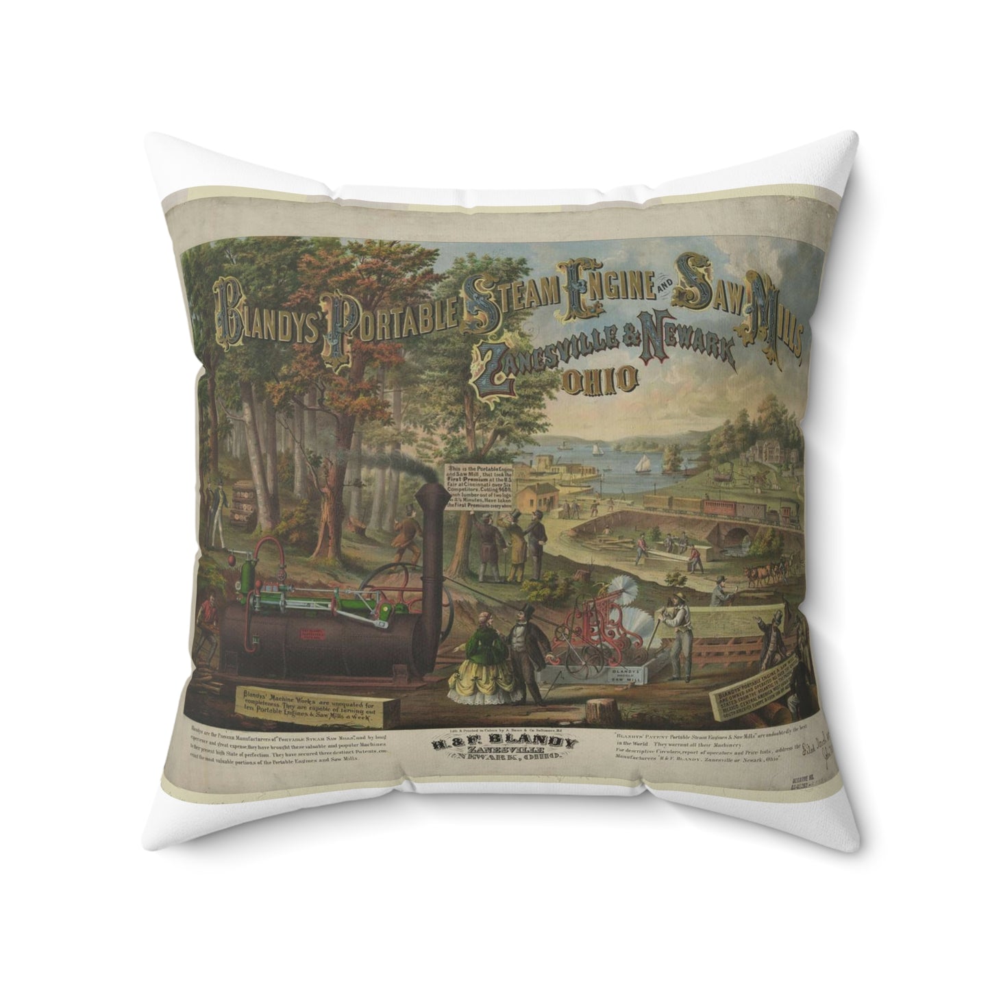 Blandy's portable steam engine and saw mills, Zanesville & Newark Ohio Decorative Accent Square Pillow