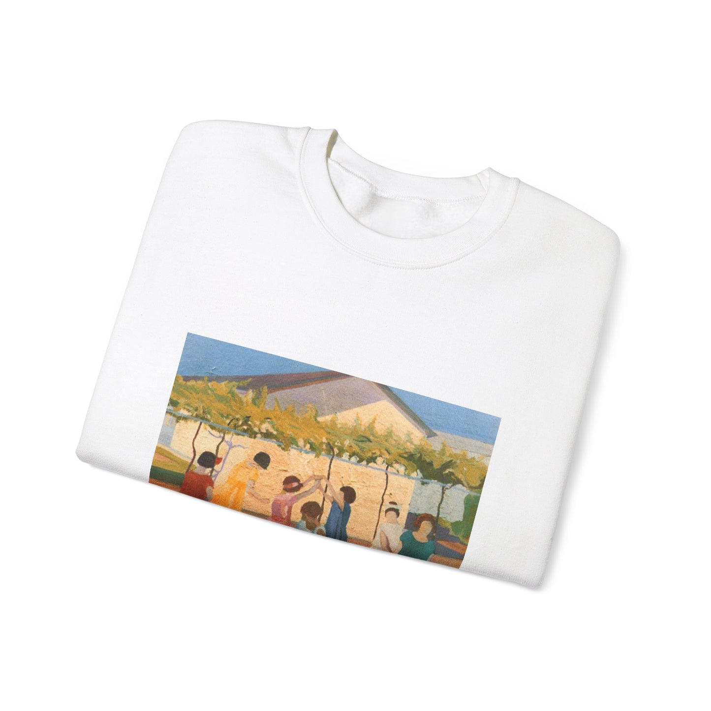 Petrona Viera - A painting of a group of children playing with a kite White Heavy Blend Adult Crew Neck SweatShirt