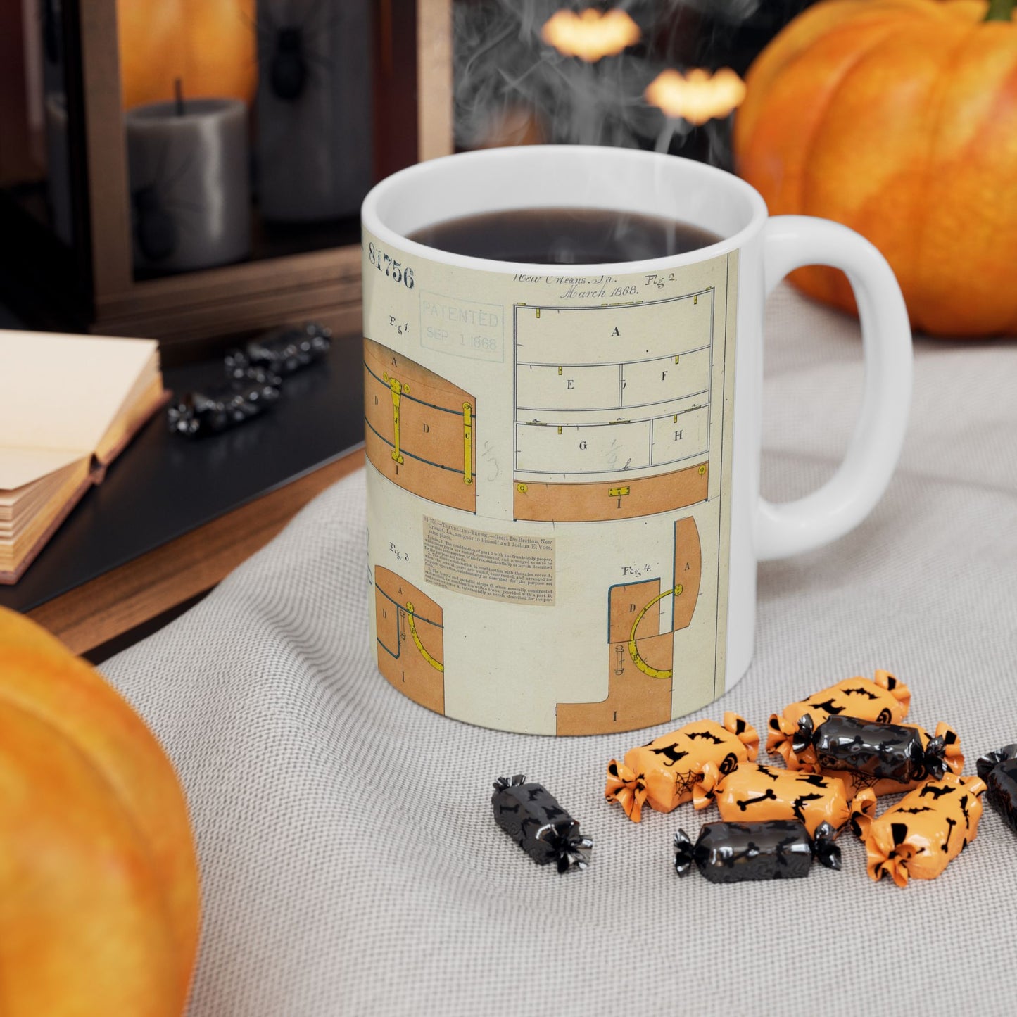 Patent drawing - Drawing of an Improved Traveling Trunk Public domain image Beautiful Novelty Ceramic Coffee Mug 11oz