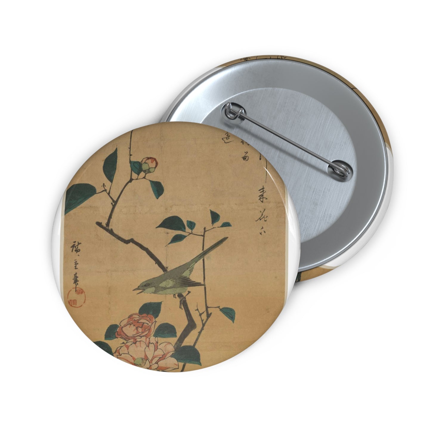 Utagawa Hiroshige - Tsubaki ni uguisu, Ando Hiroshige Pin Buttons with Crisp Design