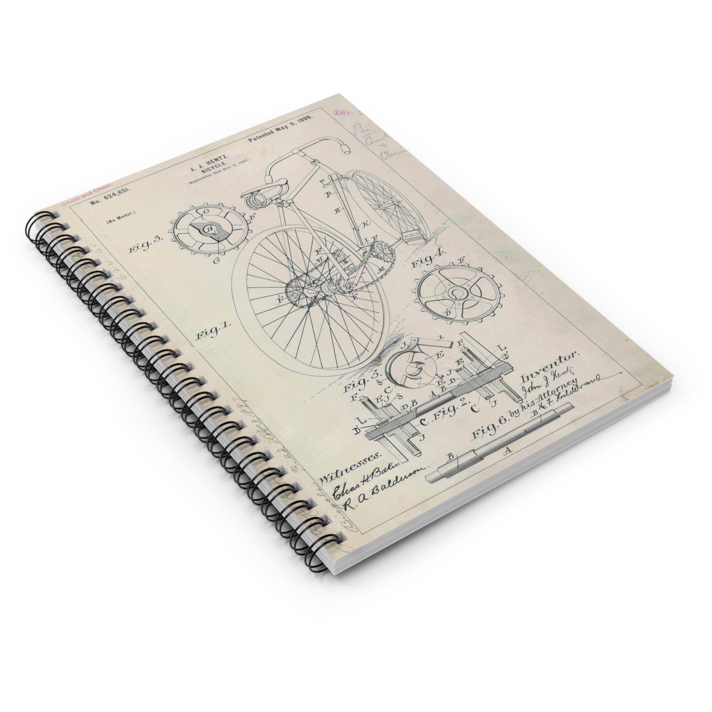 Patent drawing - for J. J. Hentz' Bicycle Public domain image Spiral Bound Ruled Notebook with Printed Cover