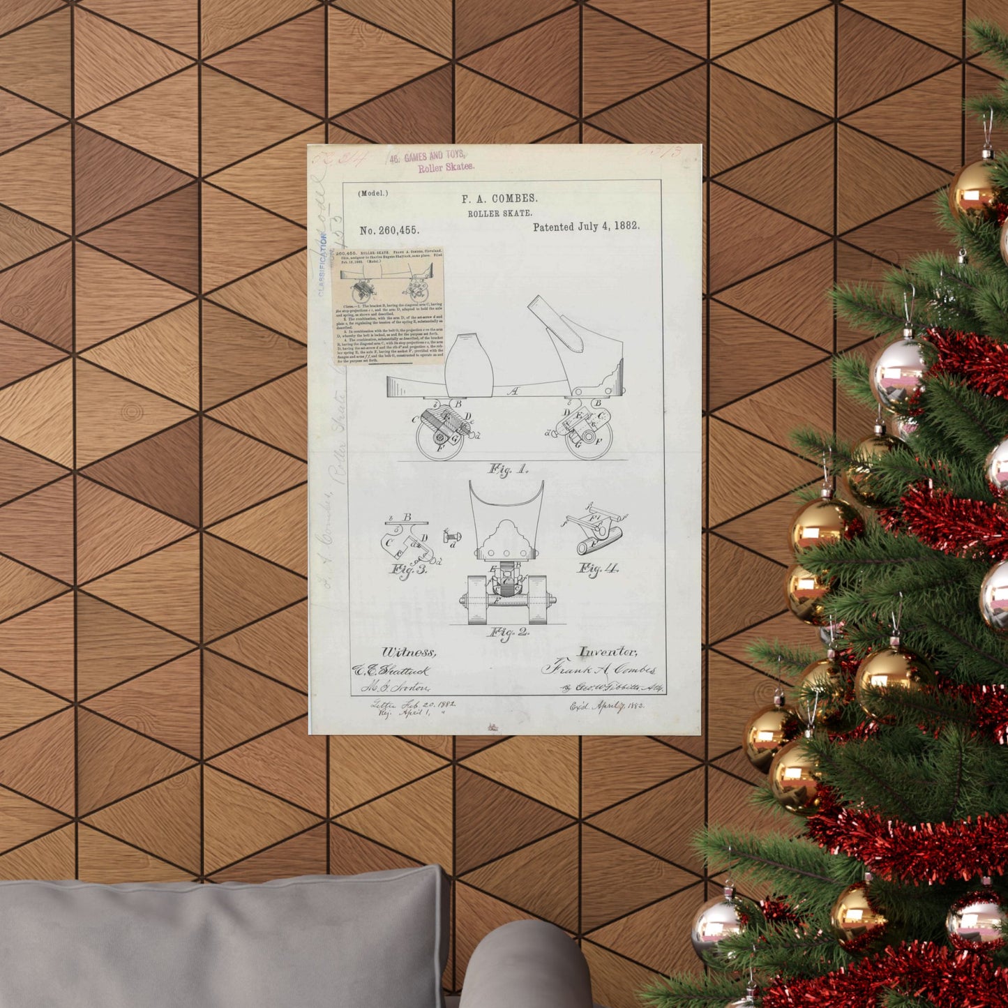 Patent drawing - for F. A. Combes' Roller Skate Public domain image High Quality Matte Wall Art Poster for Home, Office, Classroom