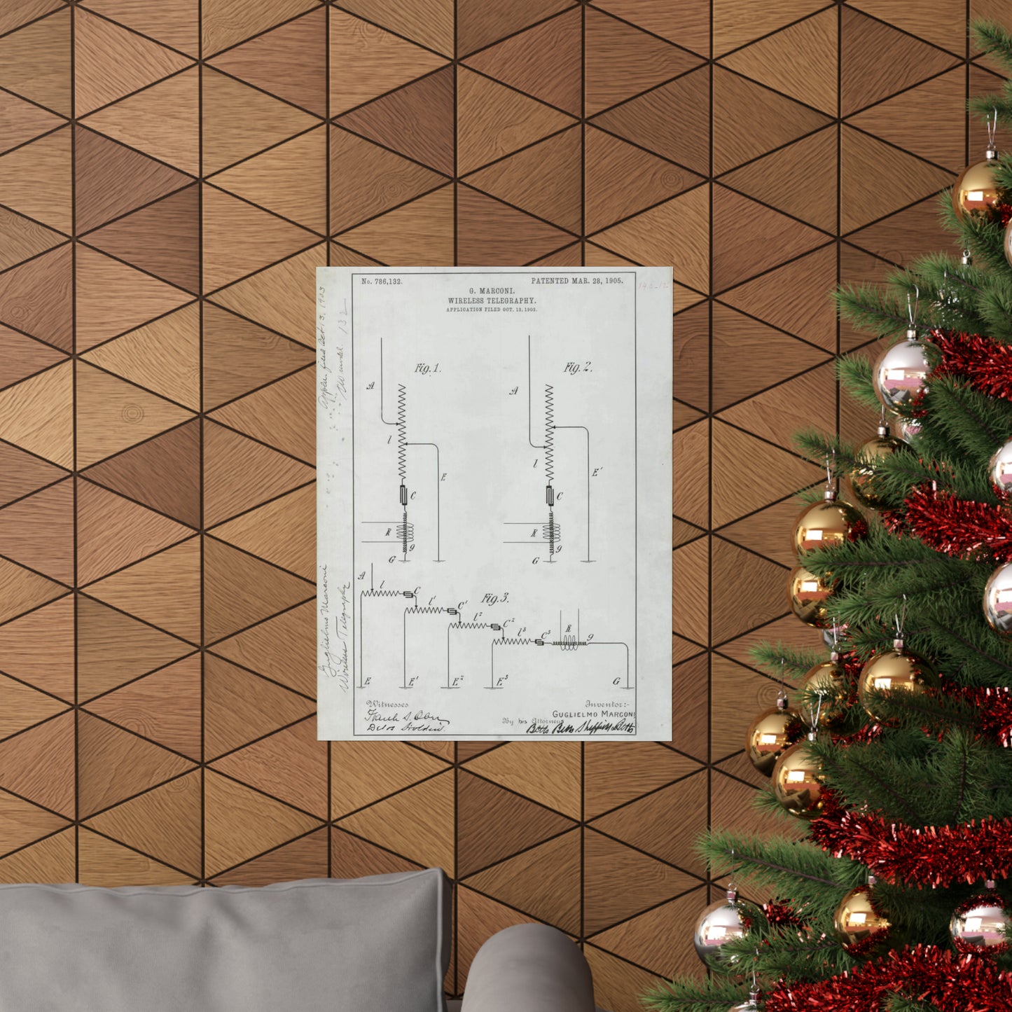 Patent drawing - for G. Marconi's Wireless Telegraphy Public domain image High Quality Matte Wall Art Poster for Home, Office, Classroom