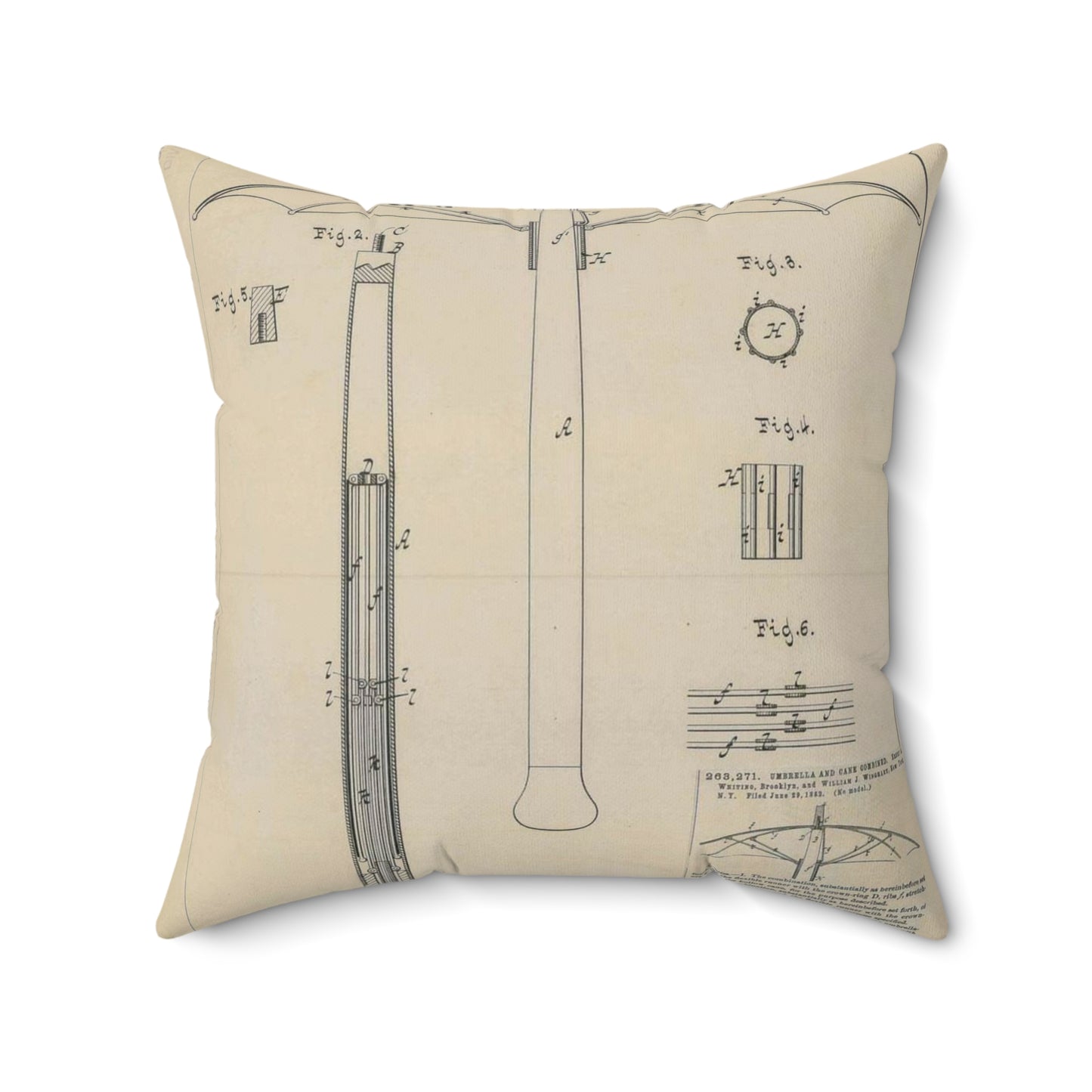 Patent drawing - for H. A. Whiting and W. J. Winghart's Umbrella and Cane Combined Public domain image Decorative Accent Square Pillow