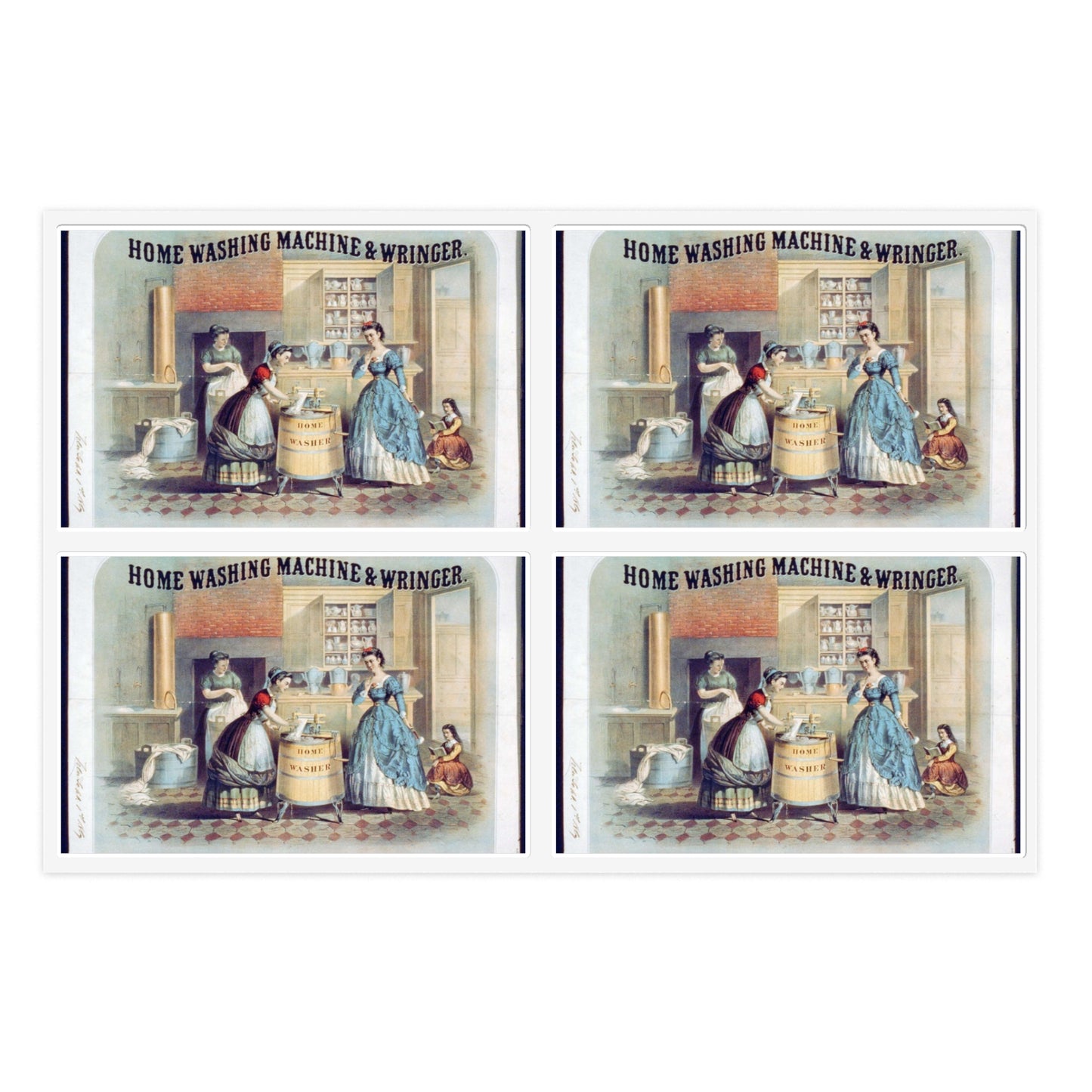 Home washing machine & wringer - A painting of women washing machines in a kitchen Laminated UV Protective Vinyl Stickers
